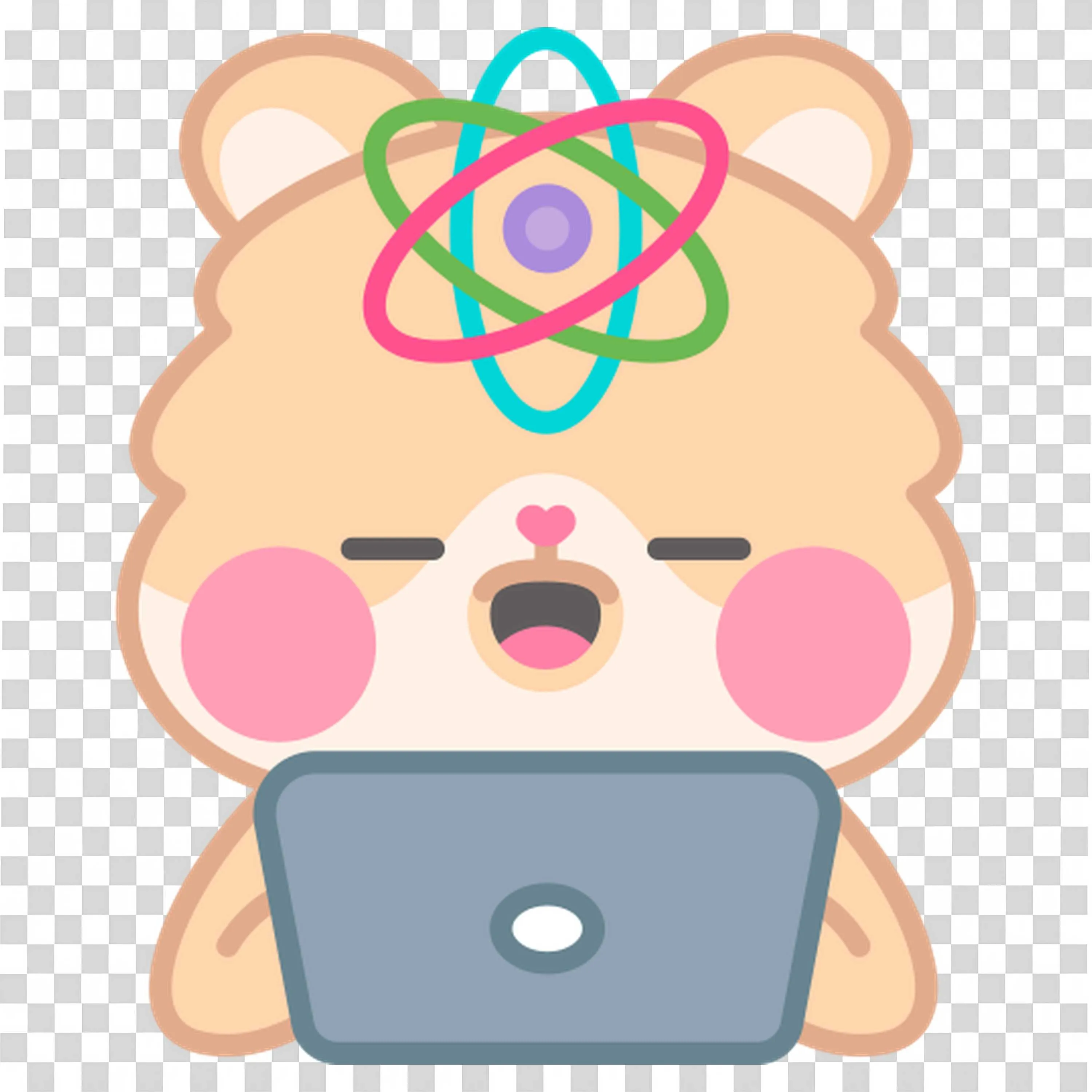 Focused Bear with Atom Symbol Working on a Laptop Seriously