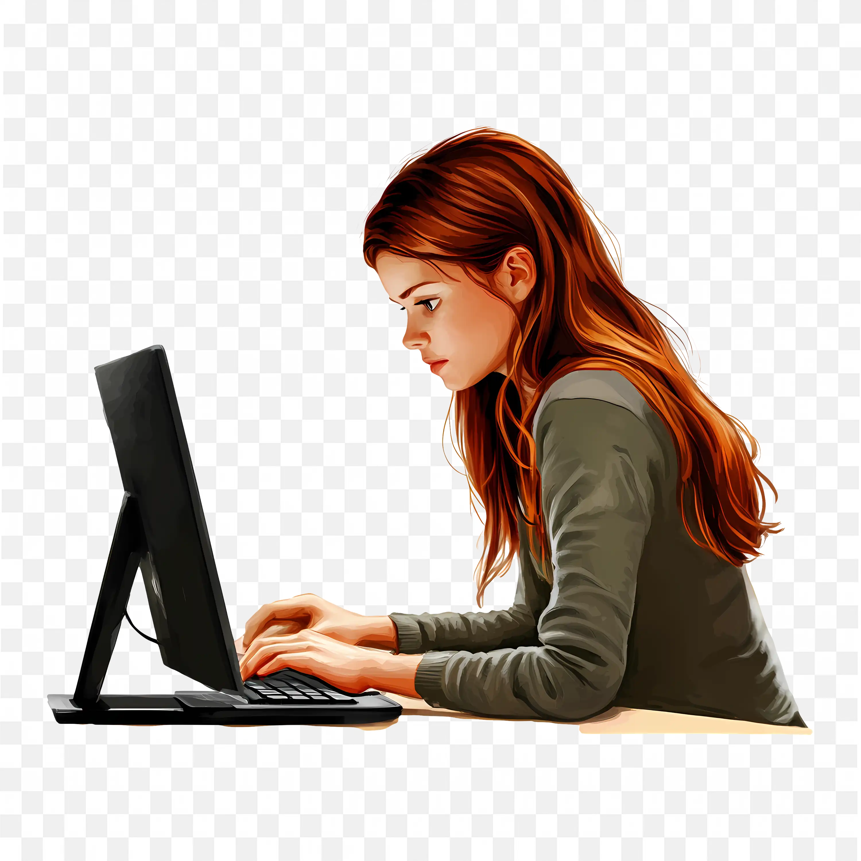 Focused Woman Working on a Computer with High Power PNG
