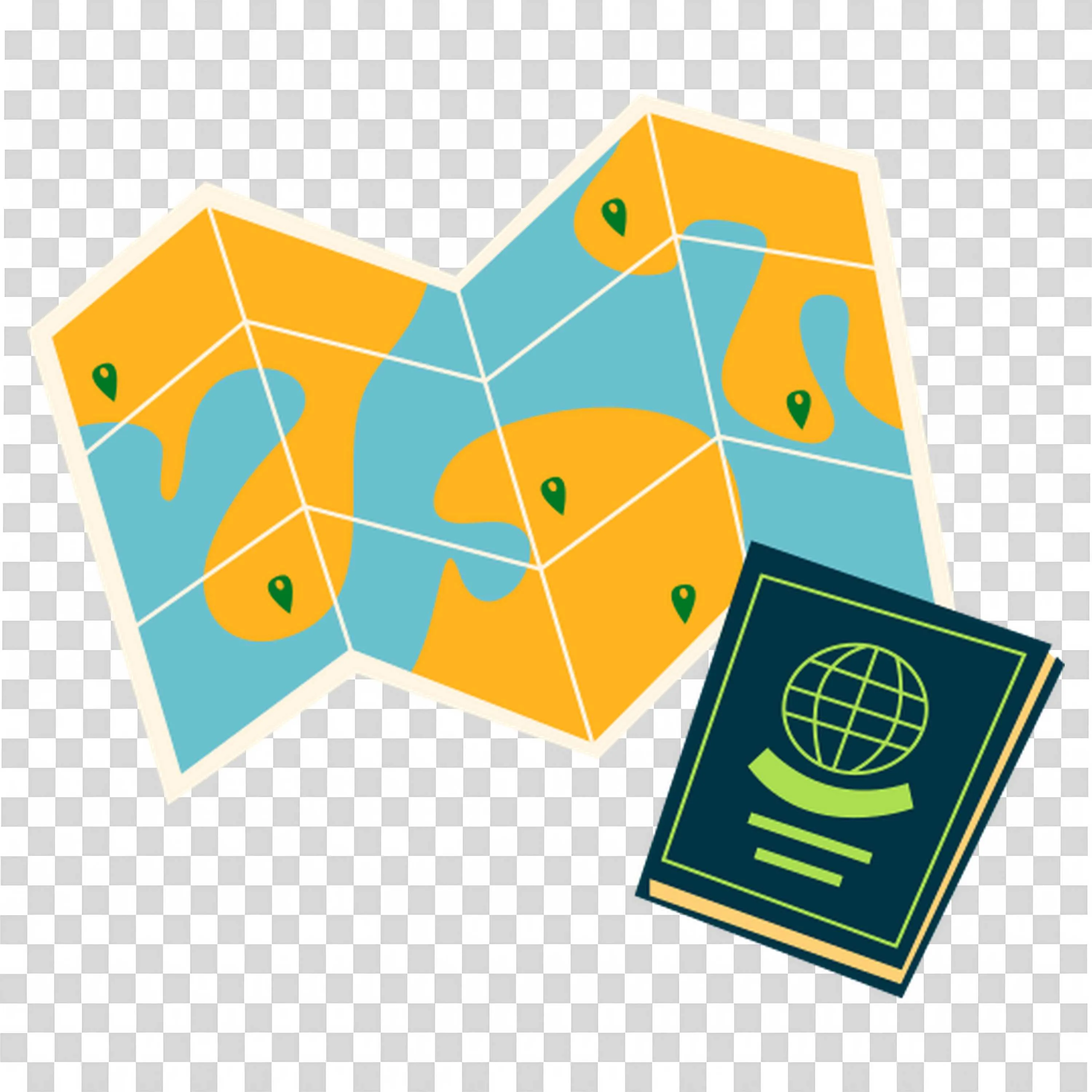 Folded Travel Map with Location Pins and a Passport Png