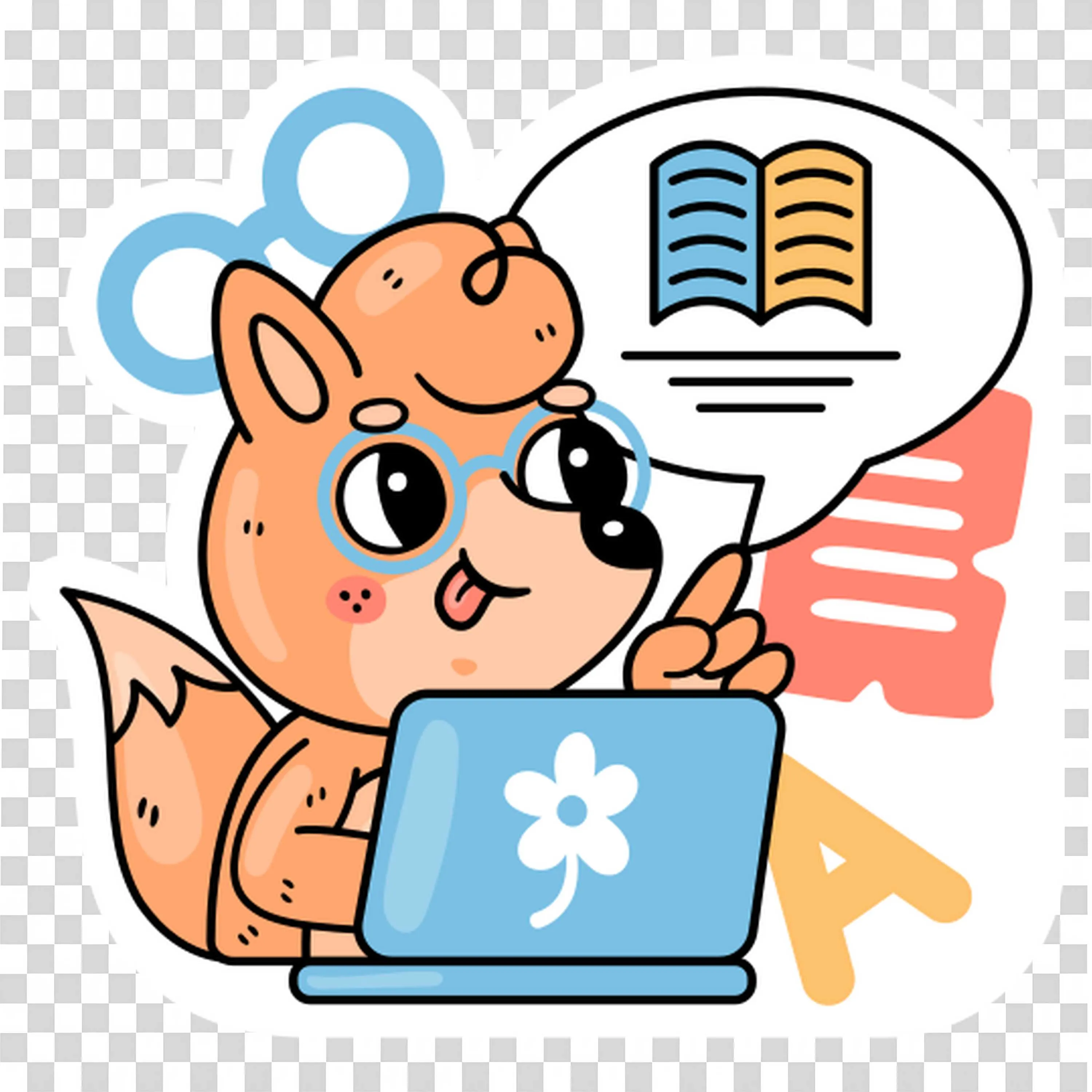 Fox Typing on a Laptop with Speech Bubbles and Book Icons