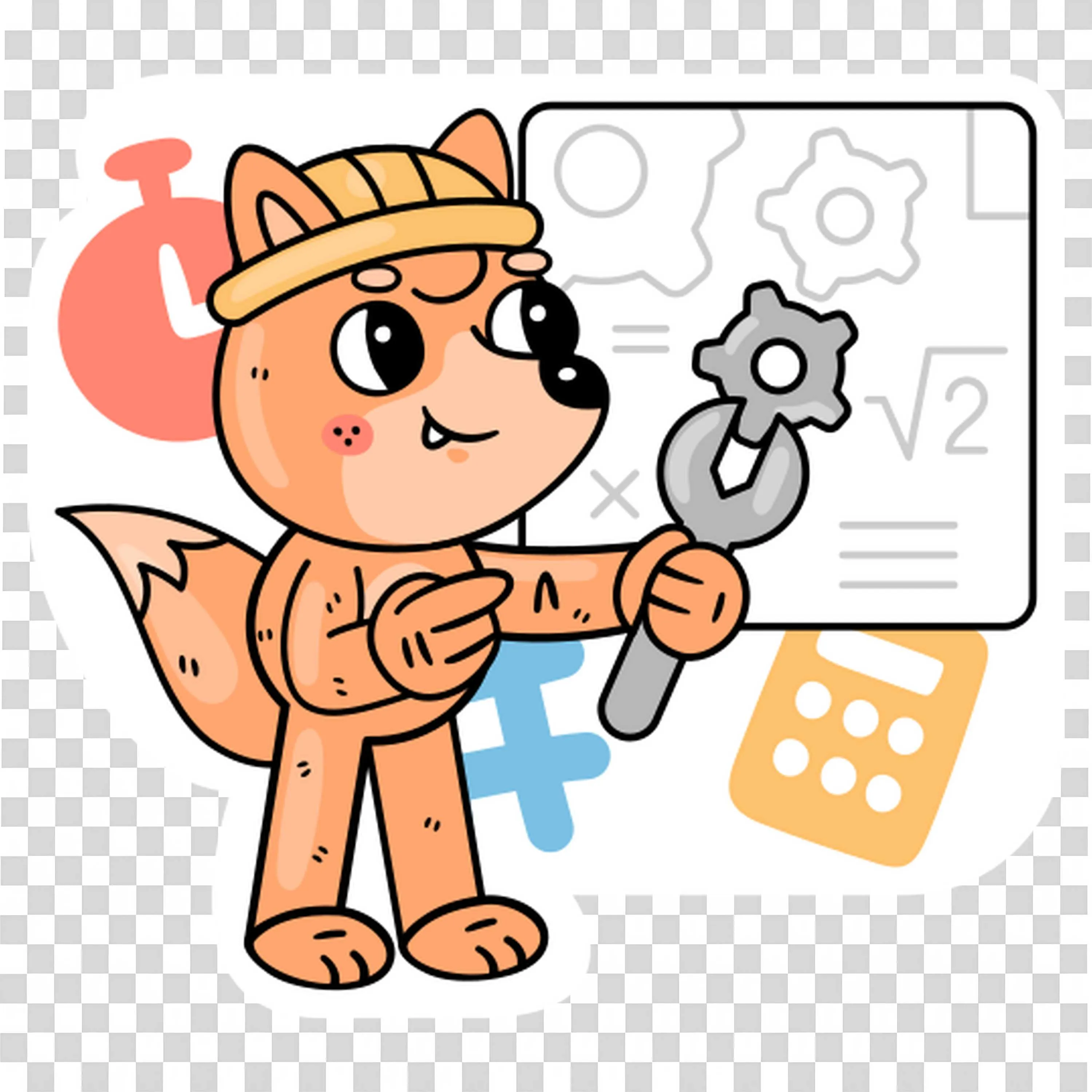 Fred the Fox with a Hard Hat Holding a Wrench and a Gear