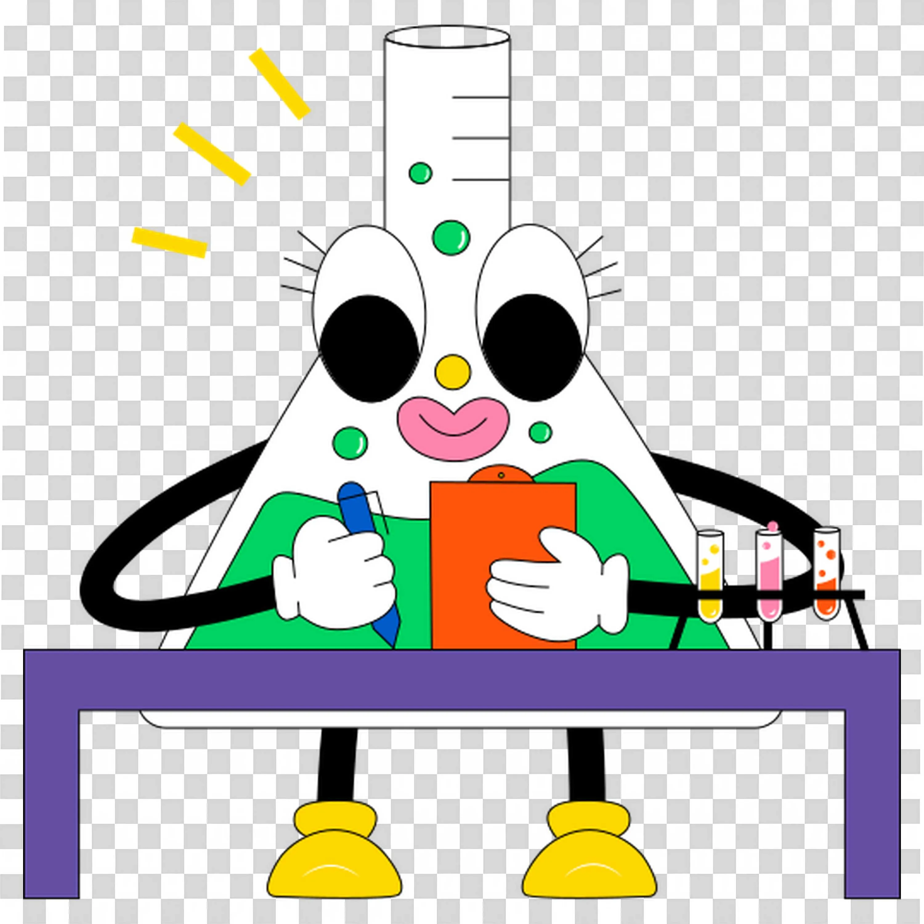 Friendly Cartoon Chemistry Flask Working on a Lab Notebook