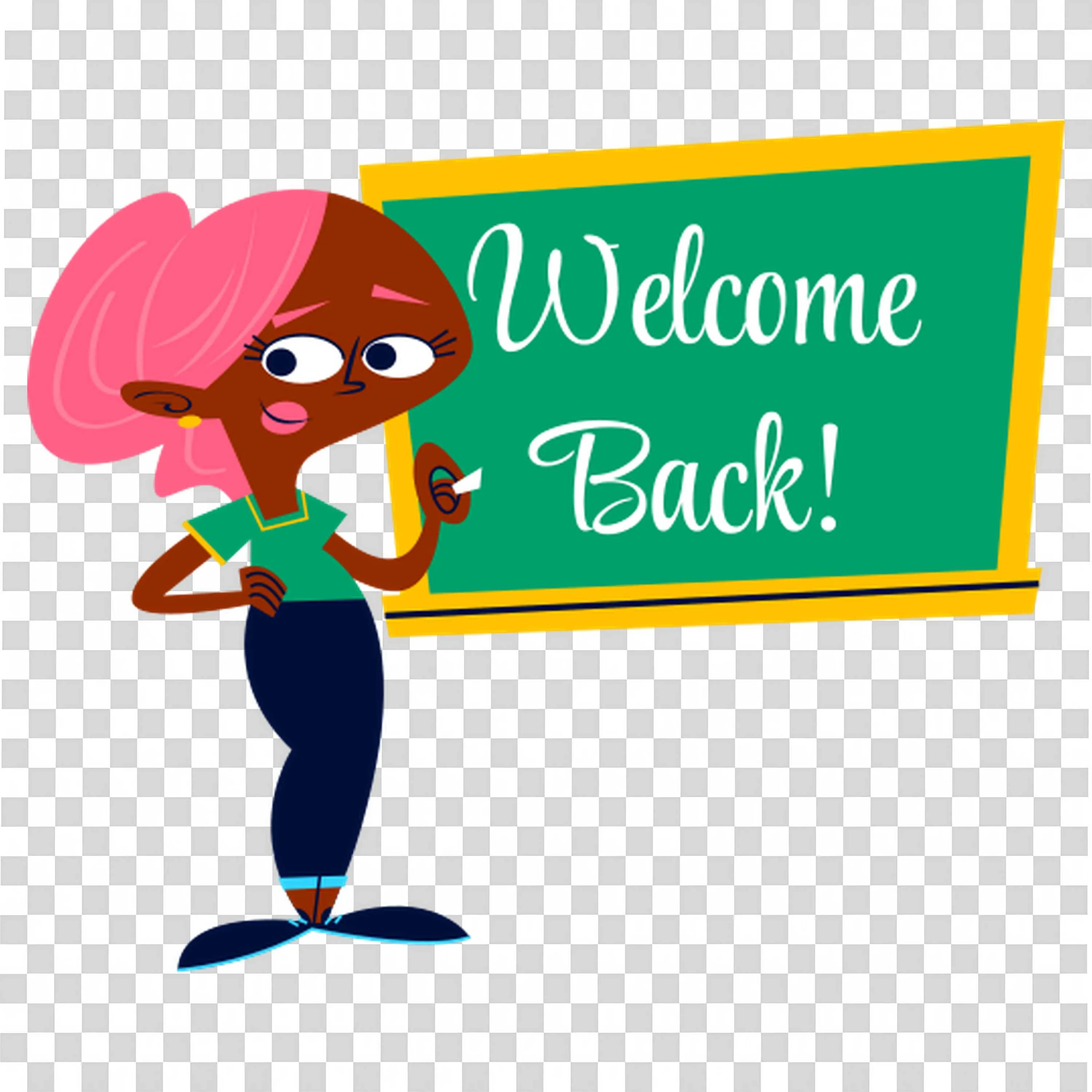 Friendly Teacher Welcoming Back Students with Chalkboard