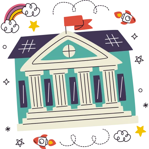 Front of school building with books and pencil PNG