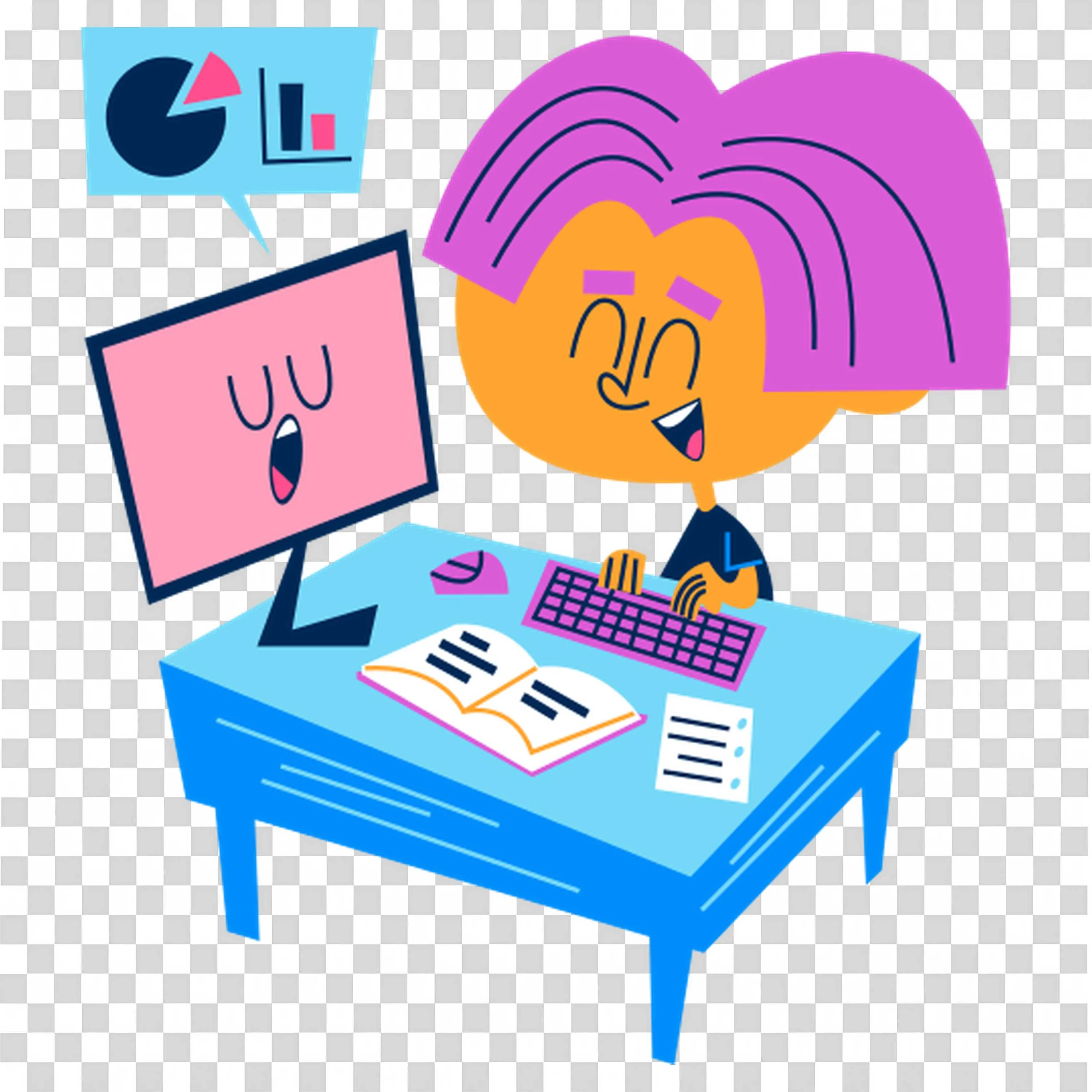 Fun Animated Student Studying with a Computer and Books