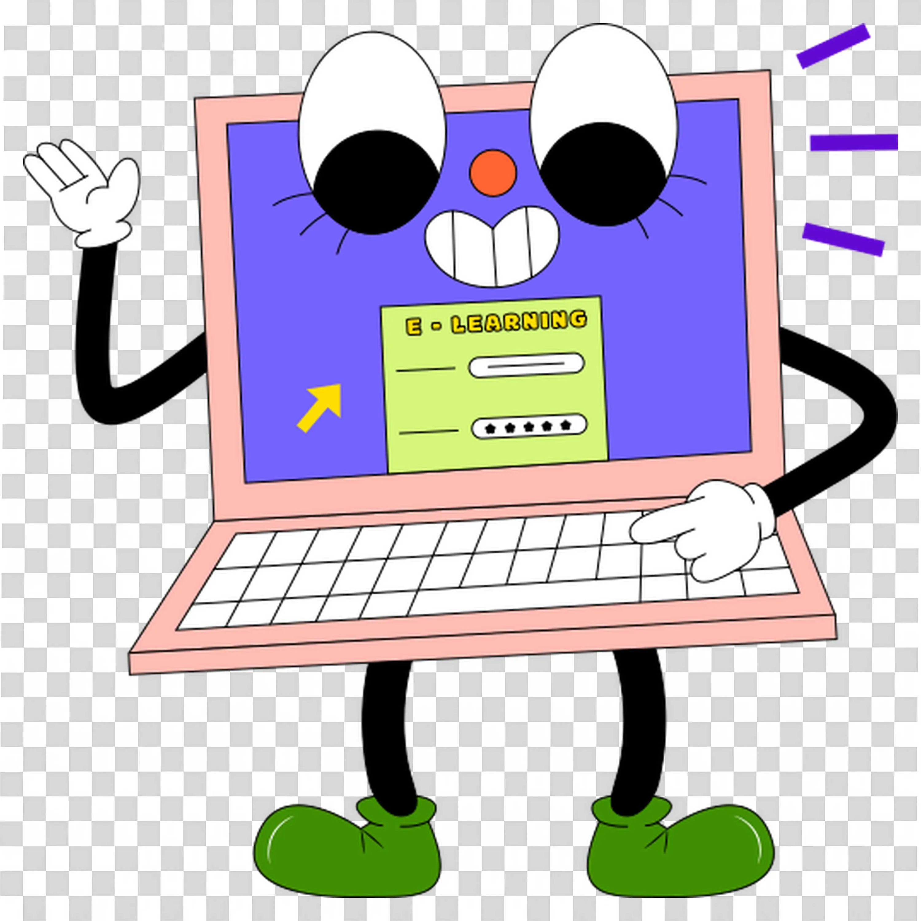 Funny Cartoon Laptop with E Learning Login Screen Display