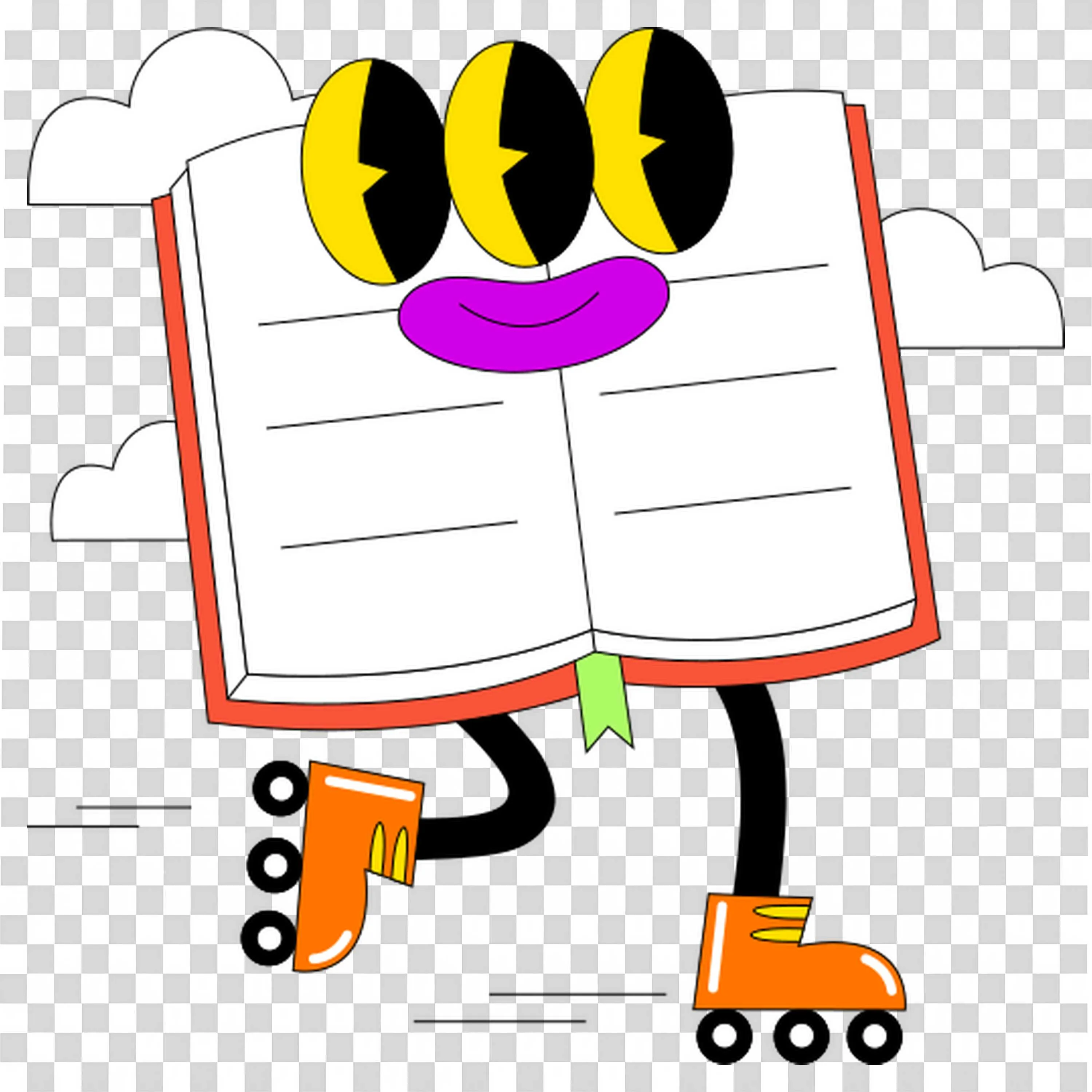 Funny Cartoon Reading Book with Face and Roller Skates Png