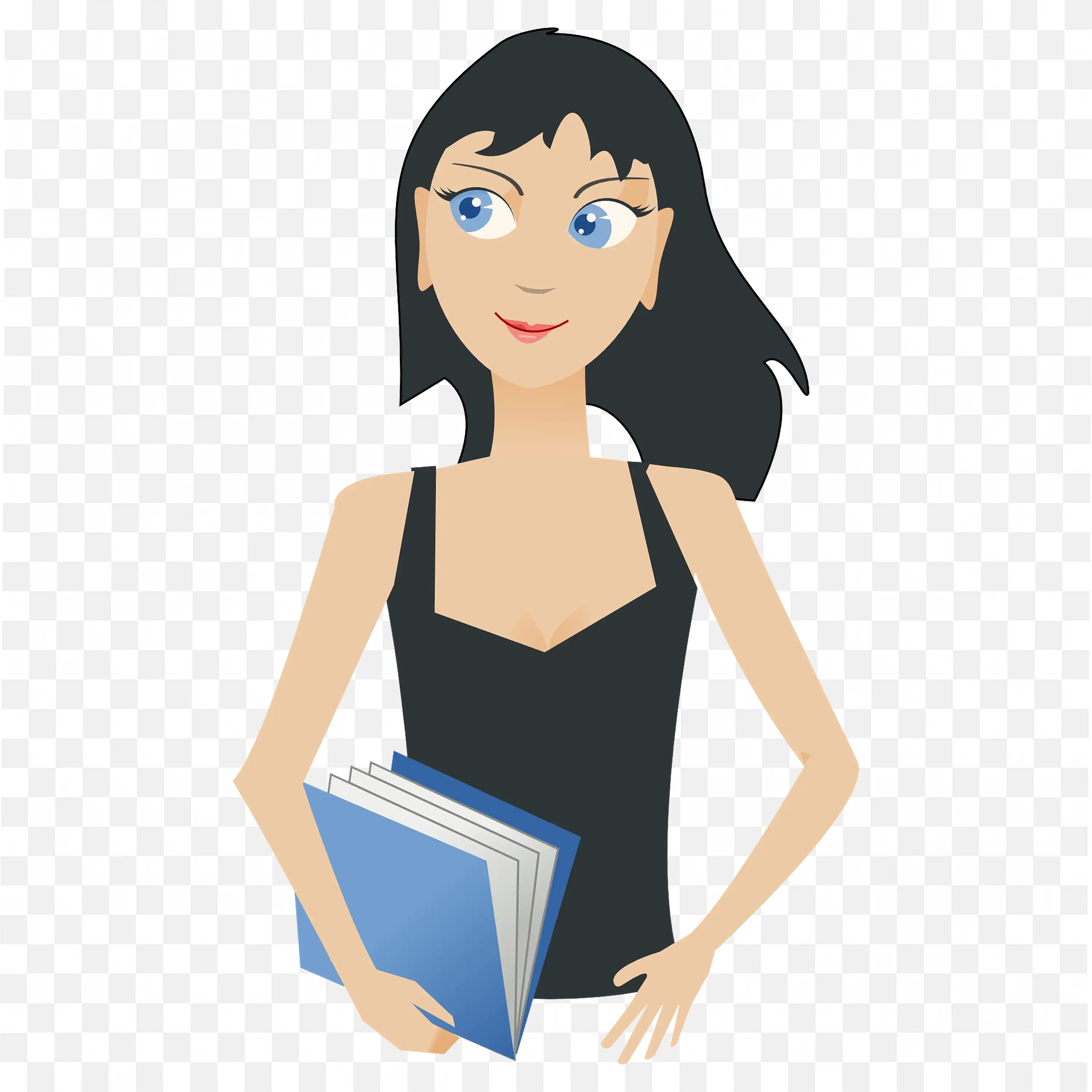 Girl with Black Hair and Big Eyes Holding Blue Books PNG