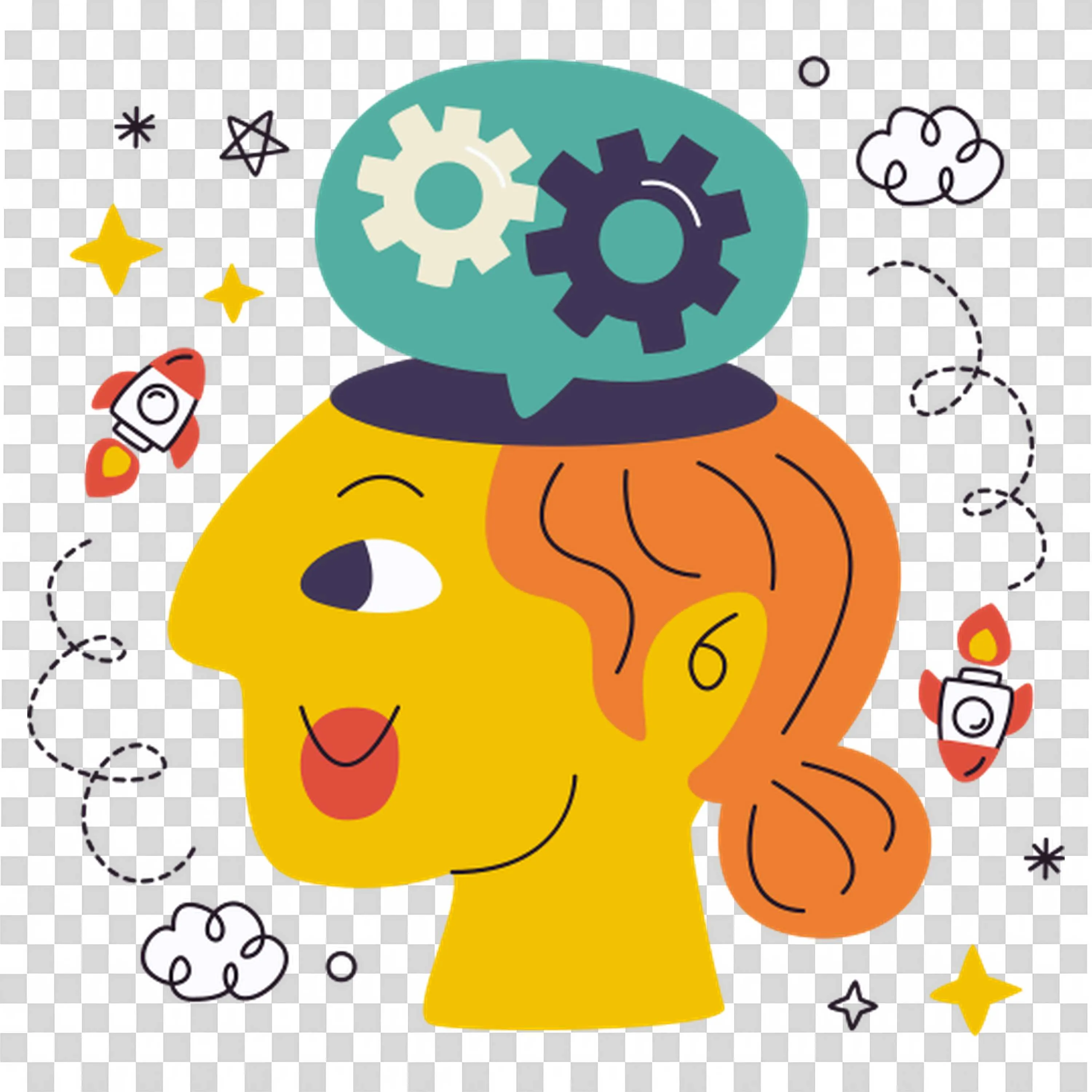 Girl Face Image with Gear Icons in the Mind Free PNG Image