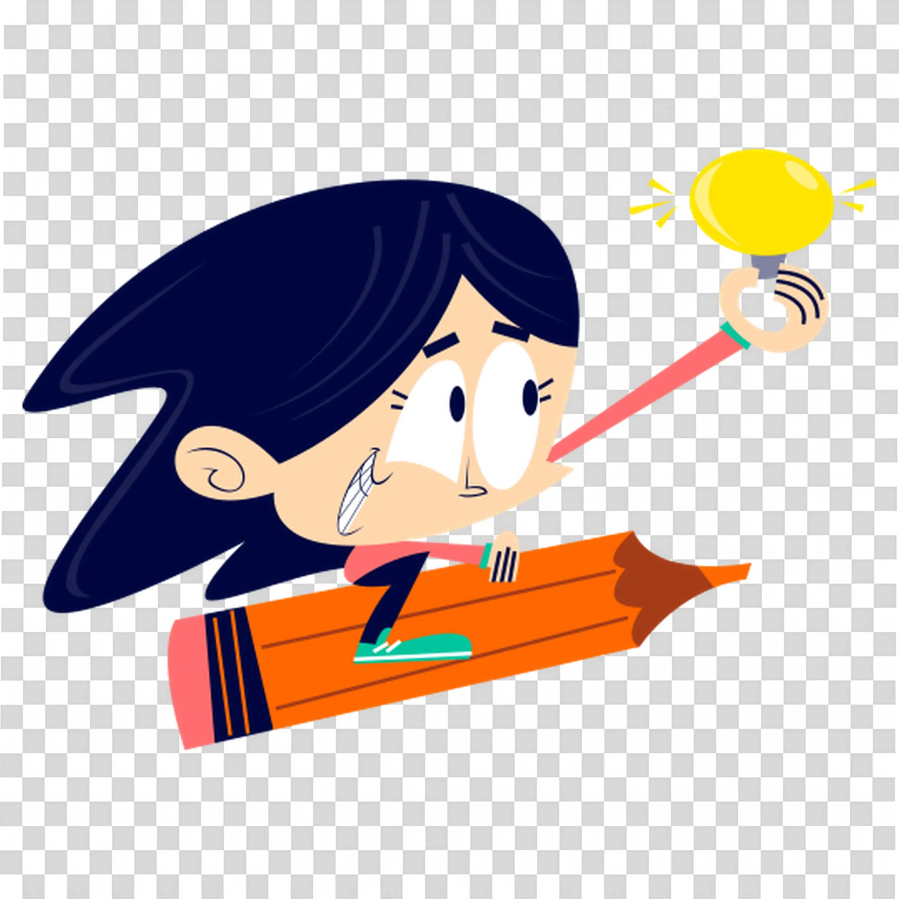 Girl Flying with a Pencil Holding a Light Bulb Idea Png