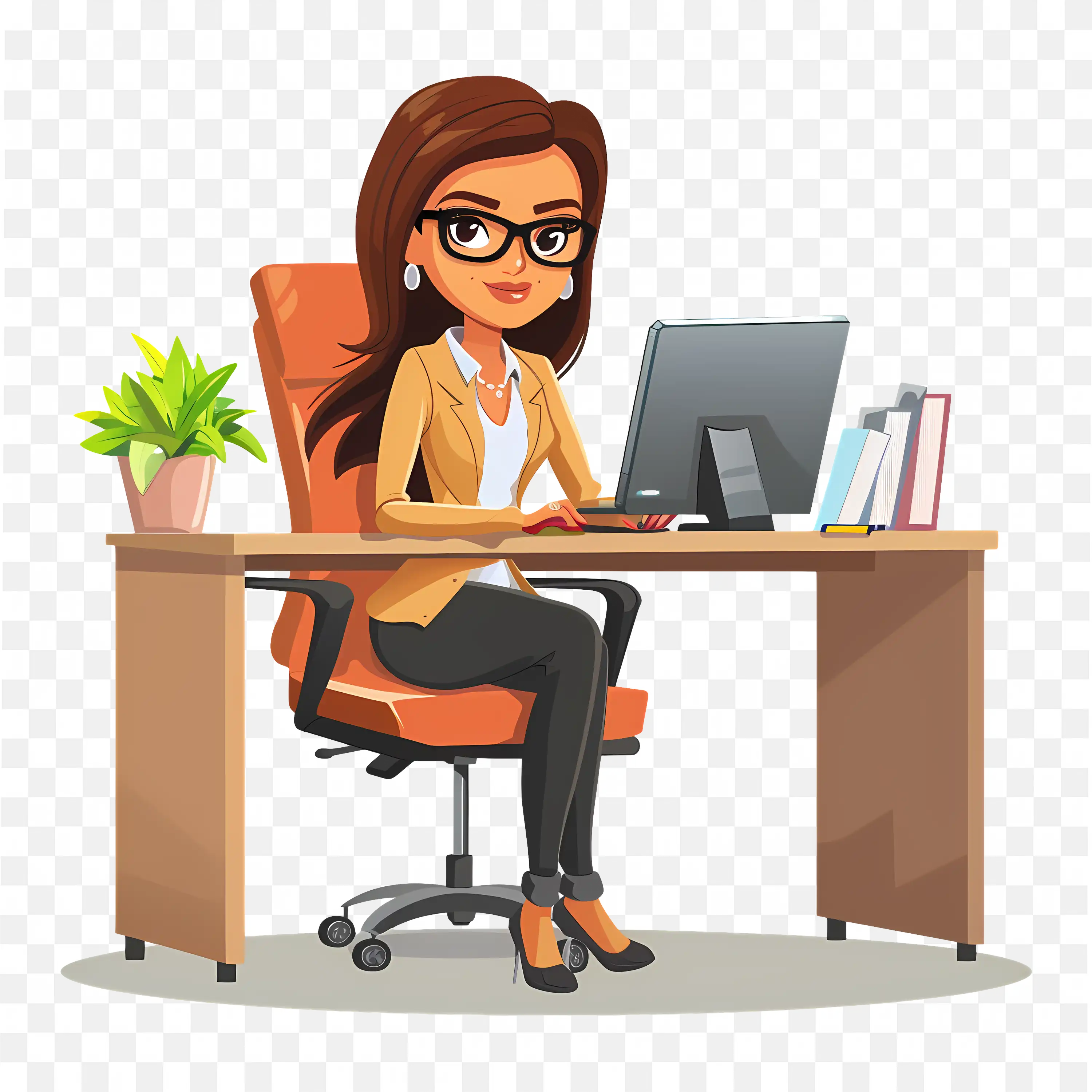 Girl with Formal Outfit and Glasses Working on a Laptop PNG