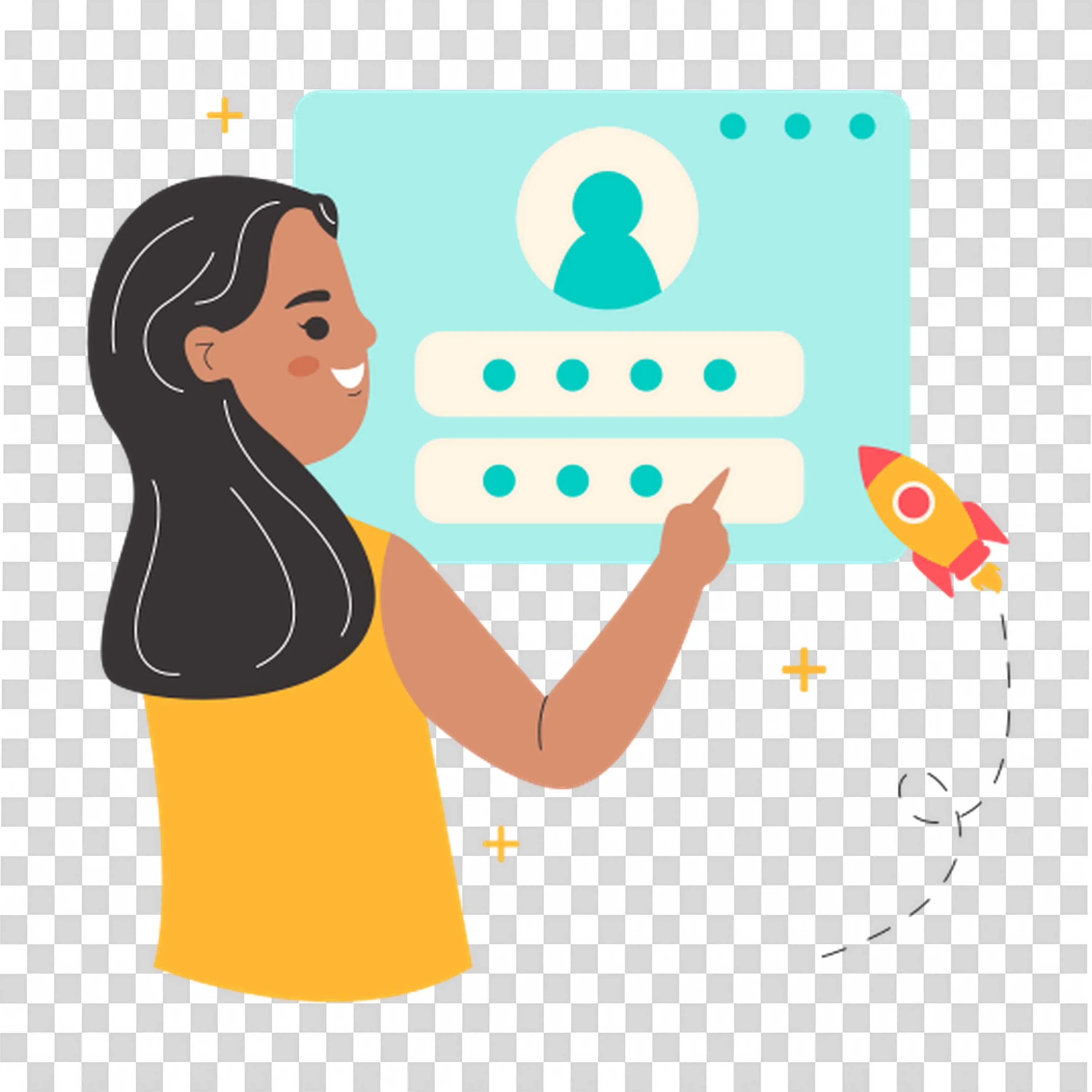 Girl in Yellow Showing a Login Page with a Profile PNG Image