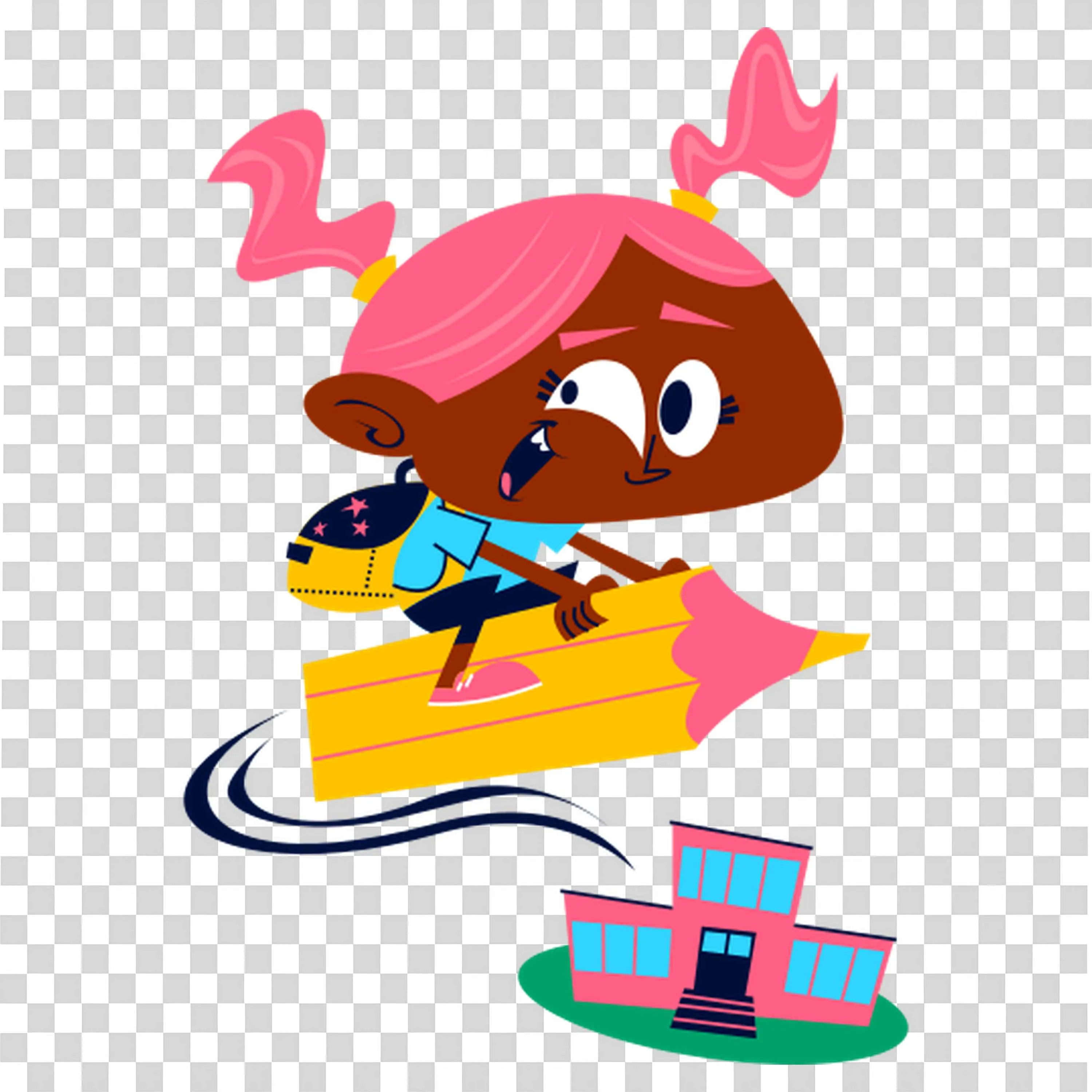 Girl Is Going to School in a Flying Yellow Pencil Free Png