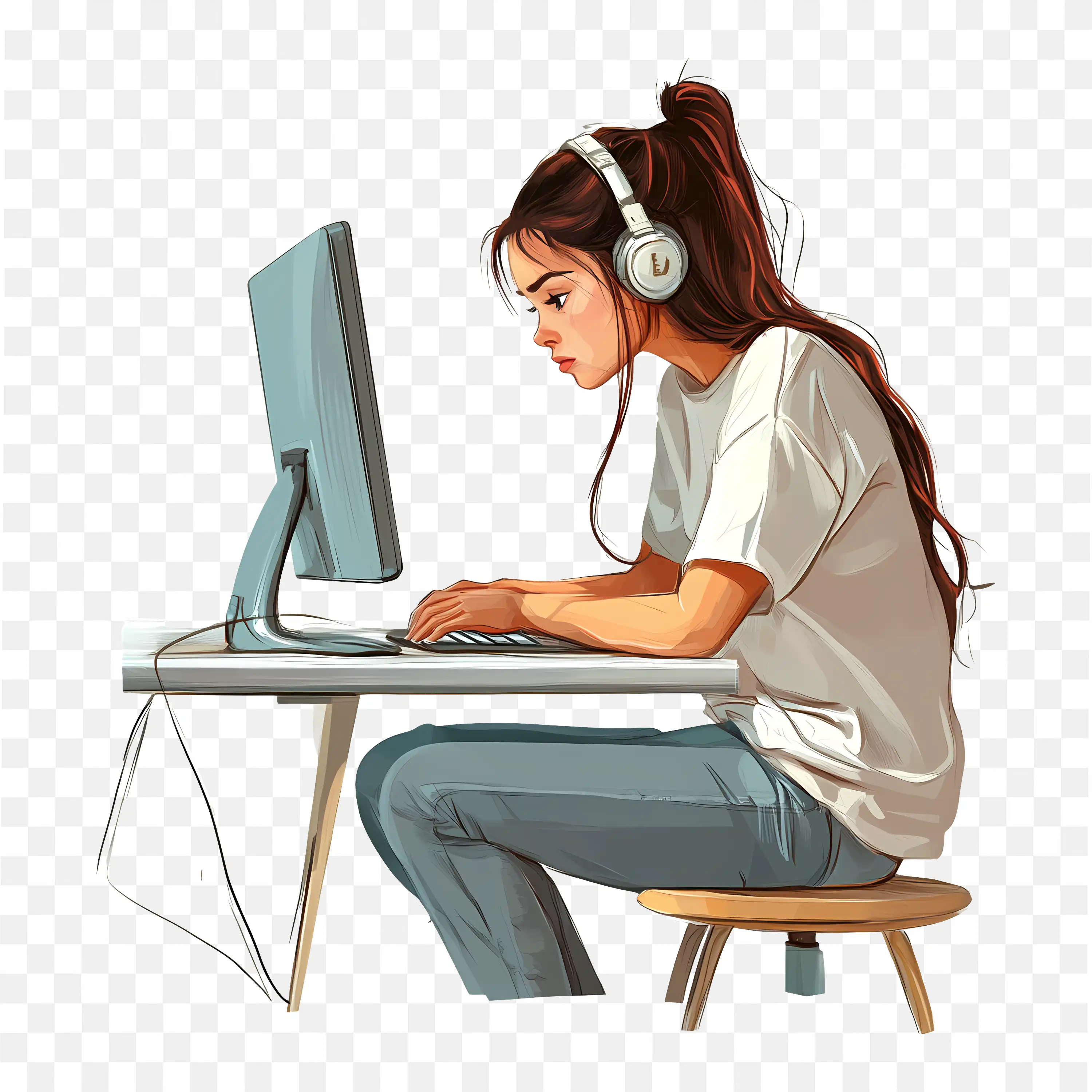Girl is Studying at the Computer with Headphones Free PNG