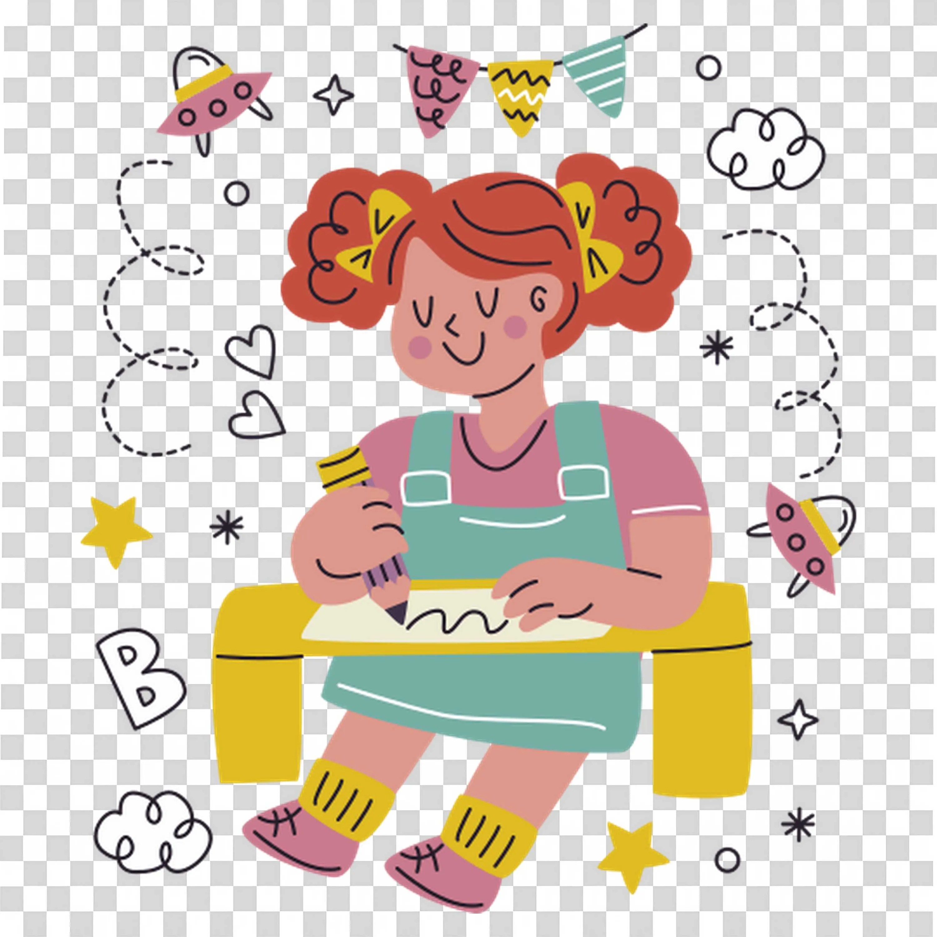 Girl Sitting at a Table and Drawing on Paper with a Pencil