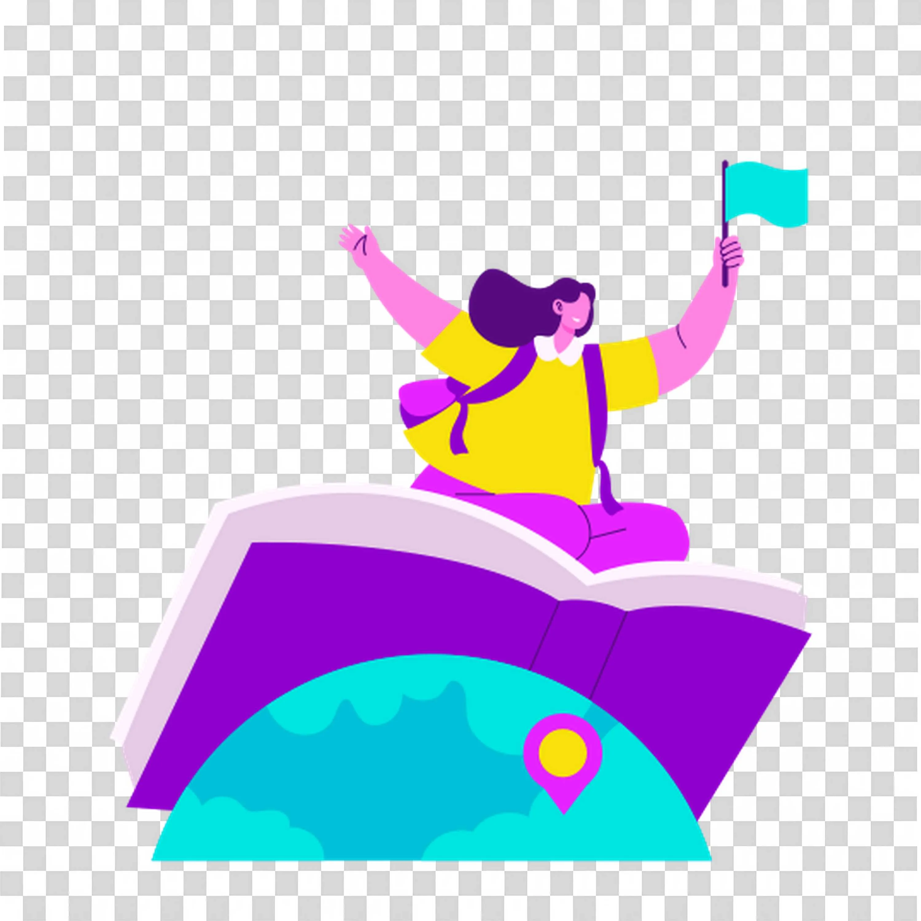 Girl Sitting on Book with a Location Marker and a Flag Png