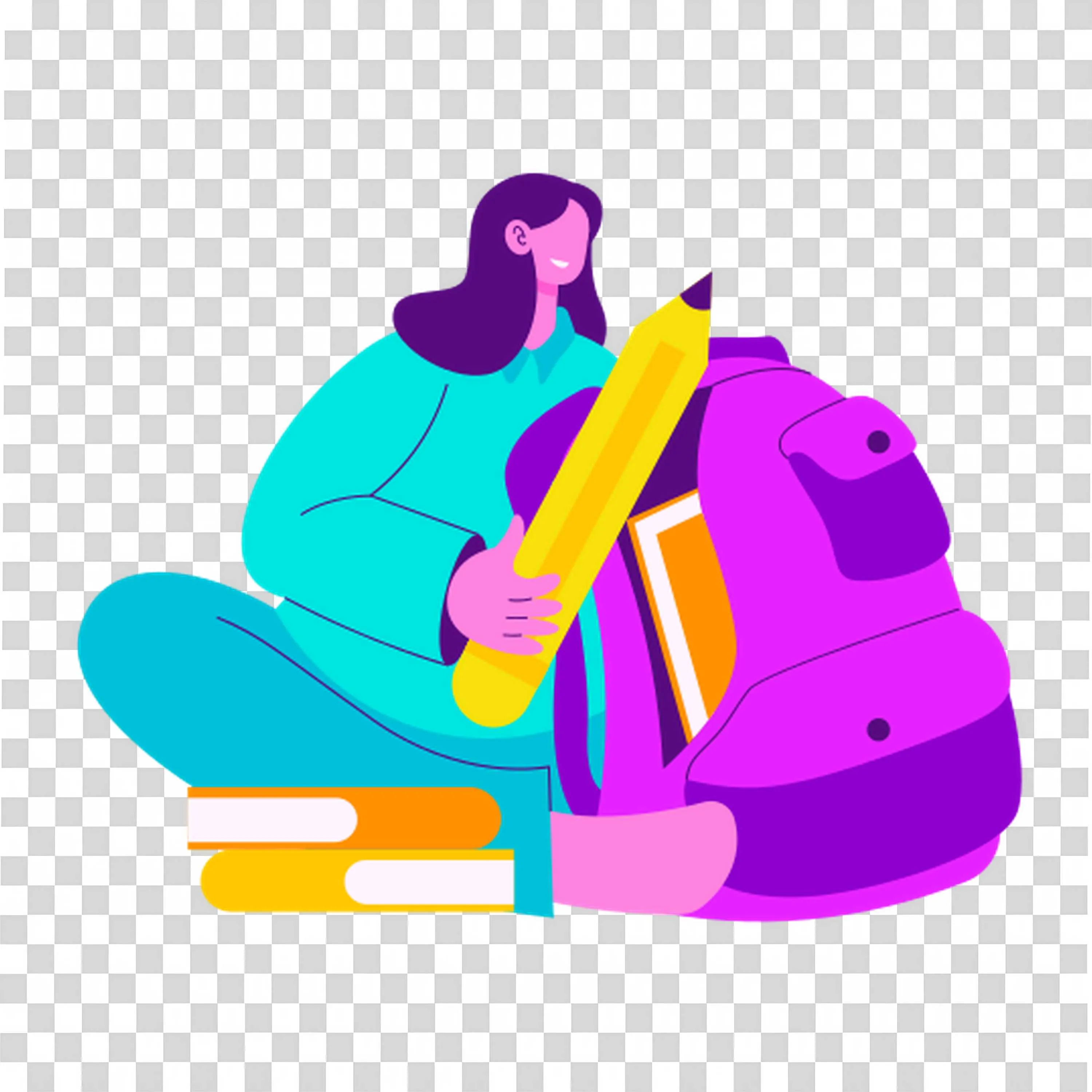 Girl Sitting with a Giant Pencil and a Backpack Free Png
