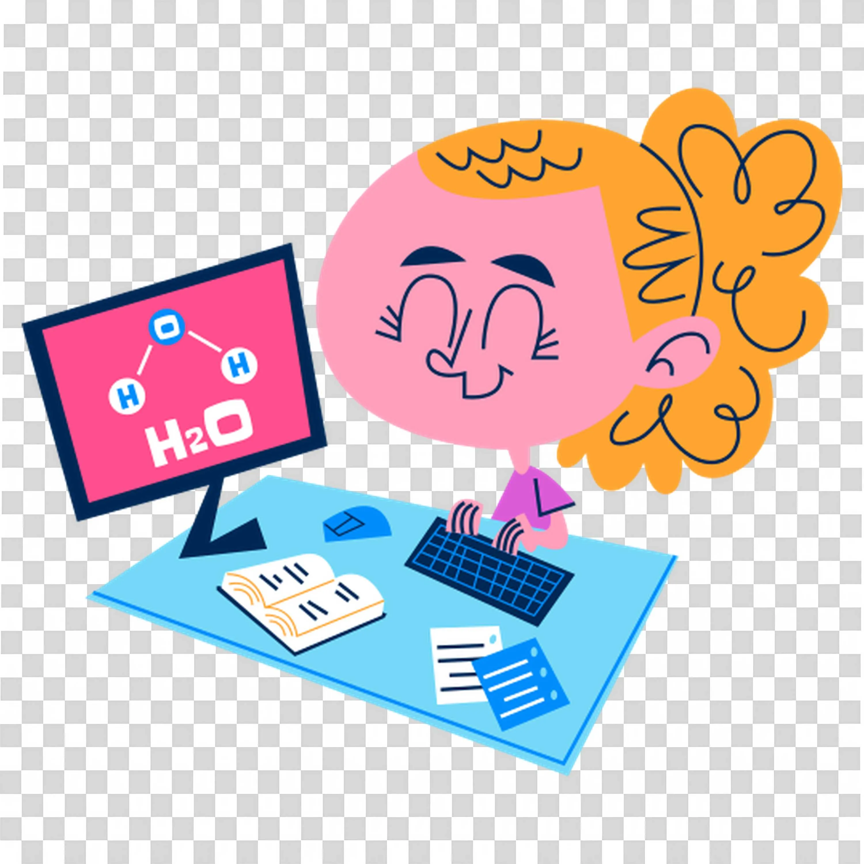 Girl Studying Chemistry Online with Water Molecule on Screen