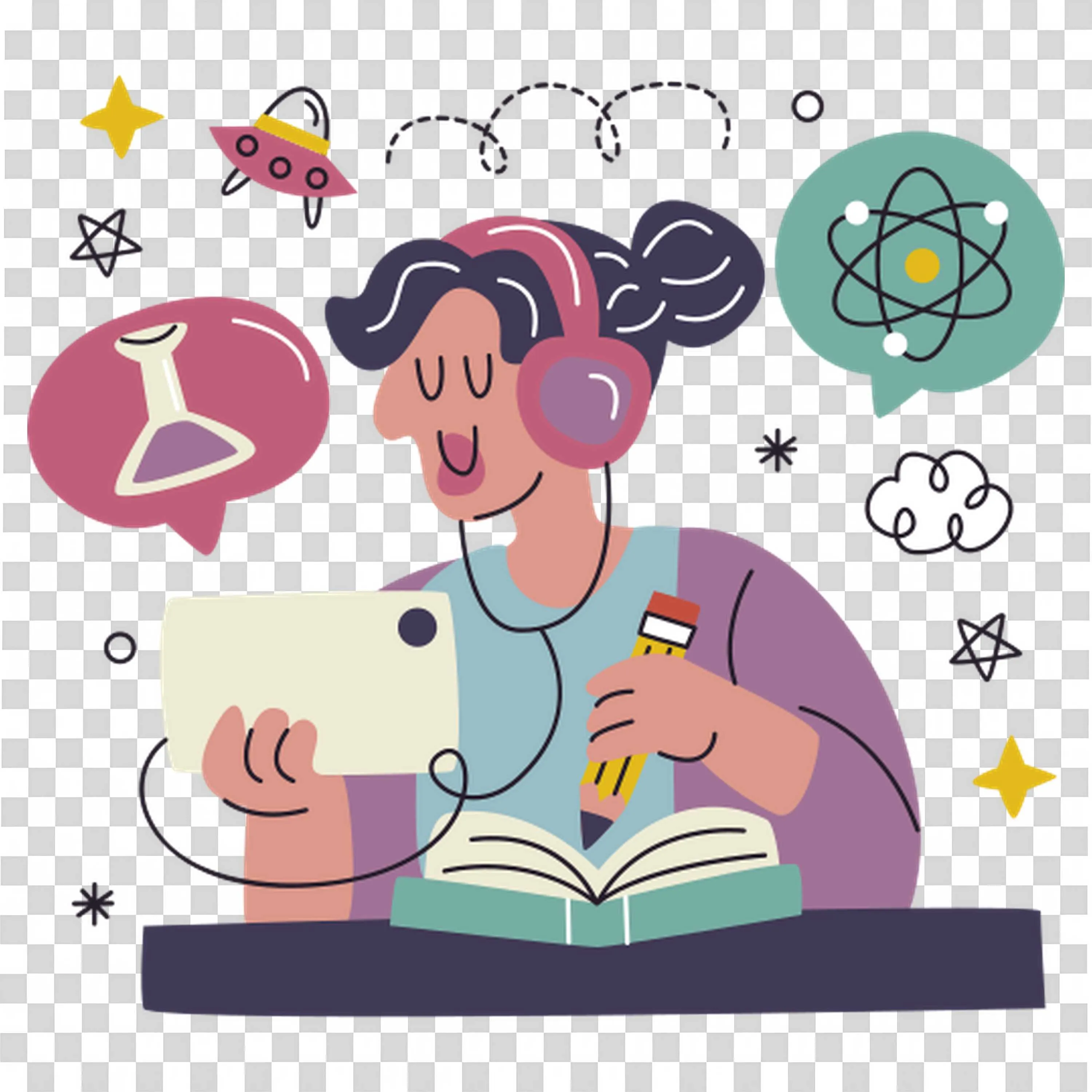 Girl Studying Science with a Tablet and School Supplies