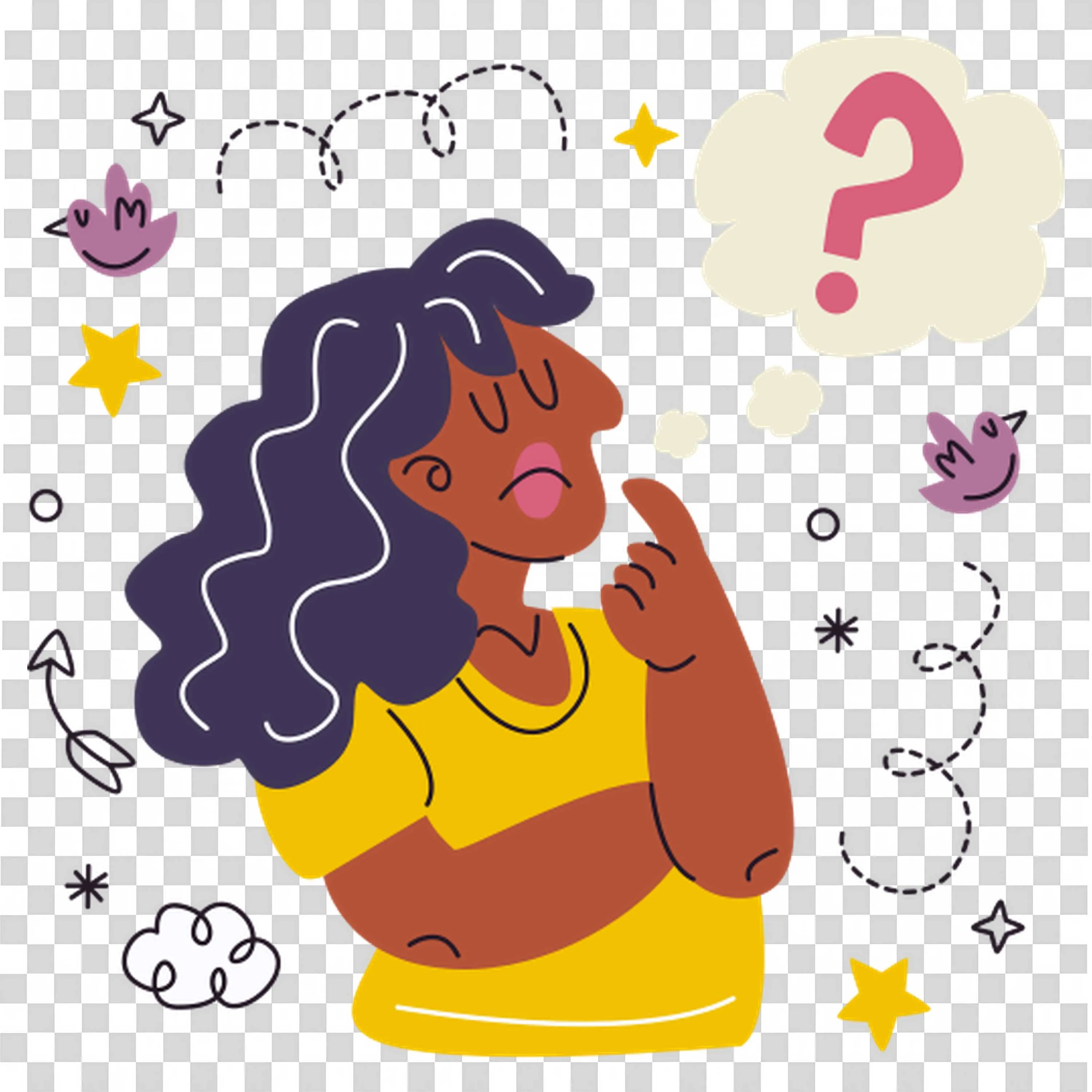 Girl Thinking with a Question Mark and Imaginative Doodles