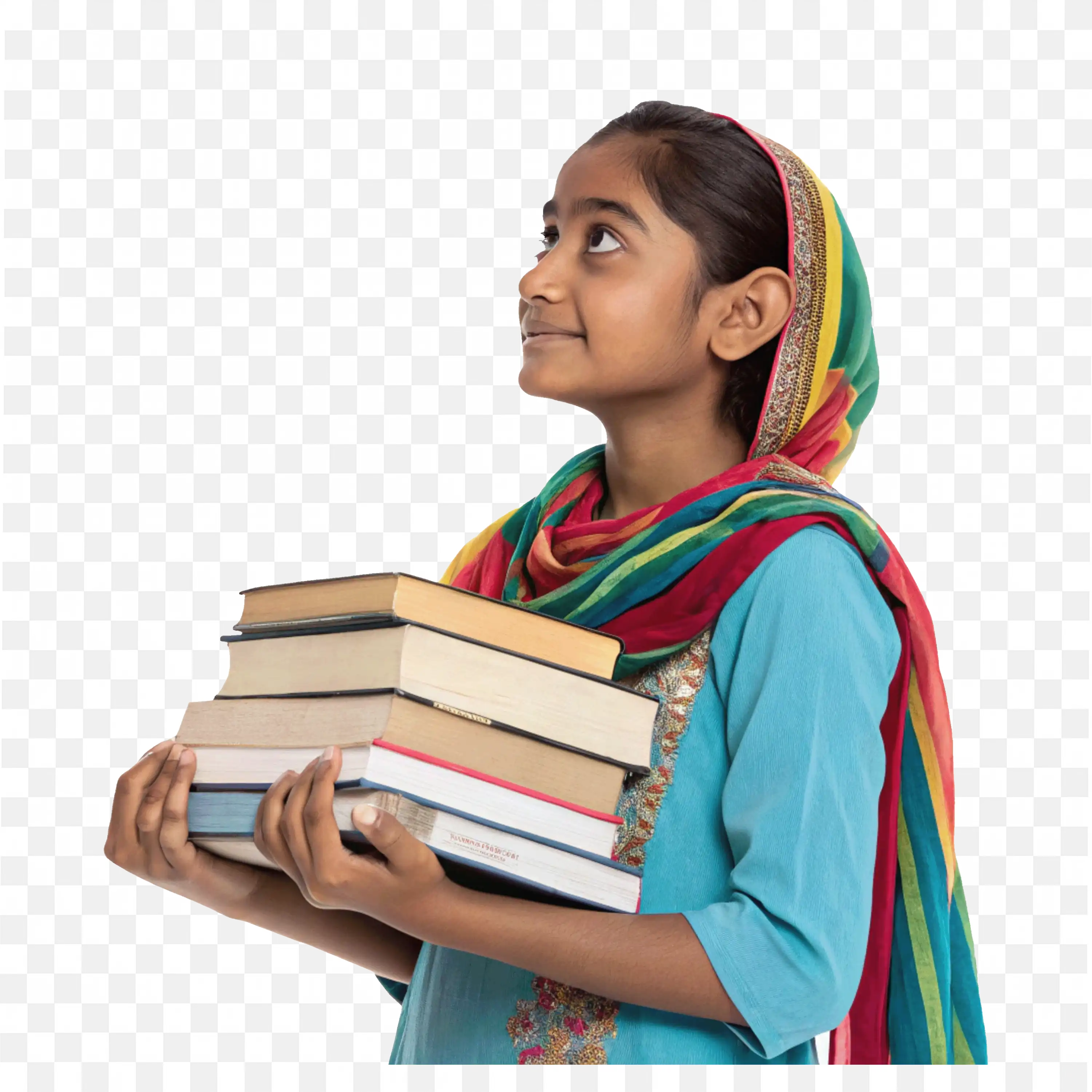 Girl in Traditional Dress with Books and Looking Up PNG