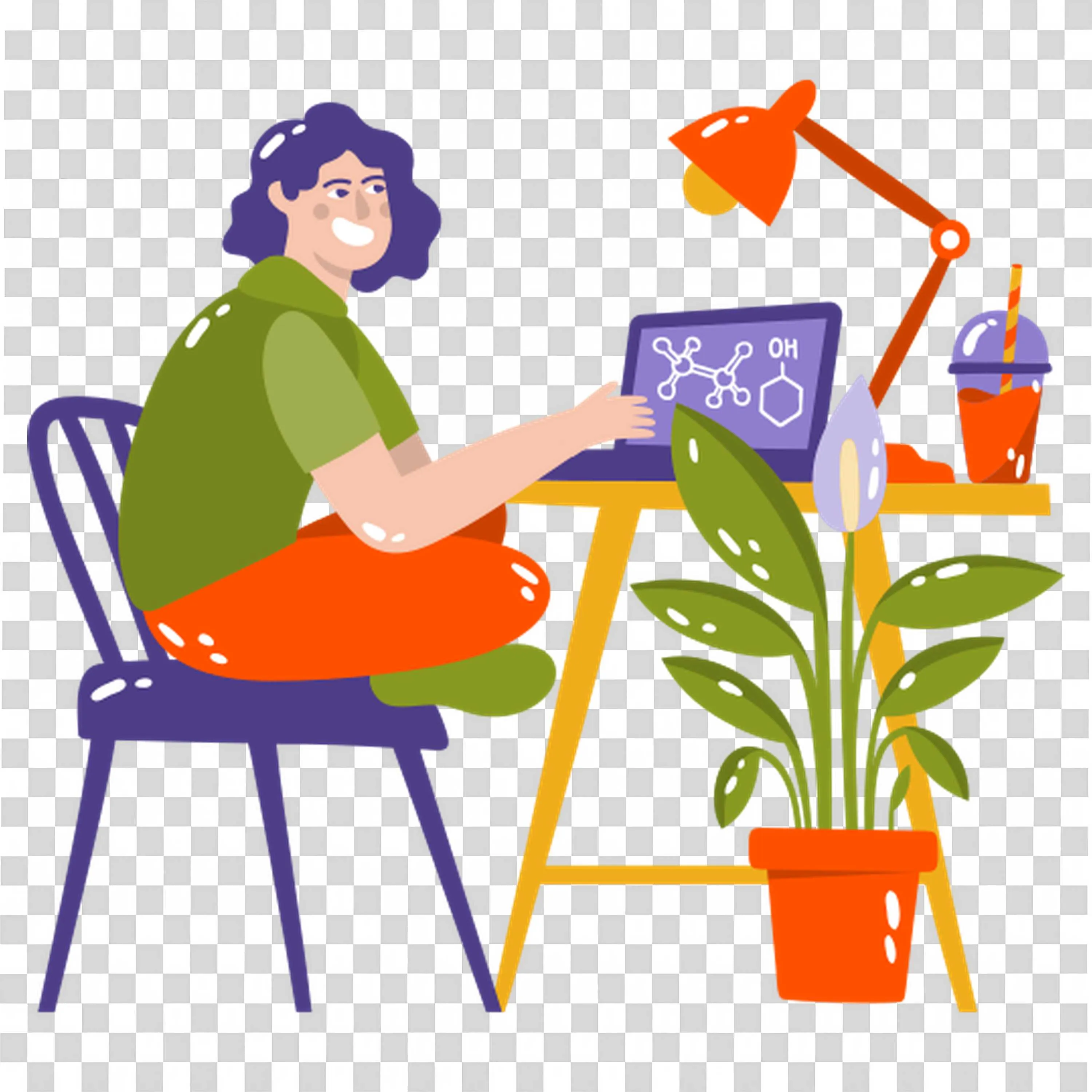 Girl Working at a Computer Desk Surrounded By Plants Png