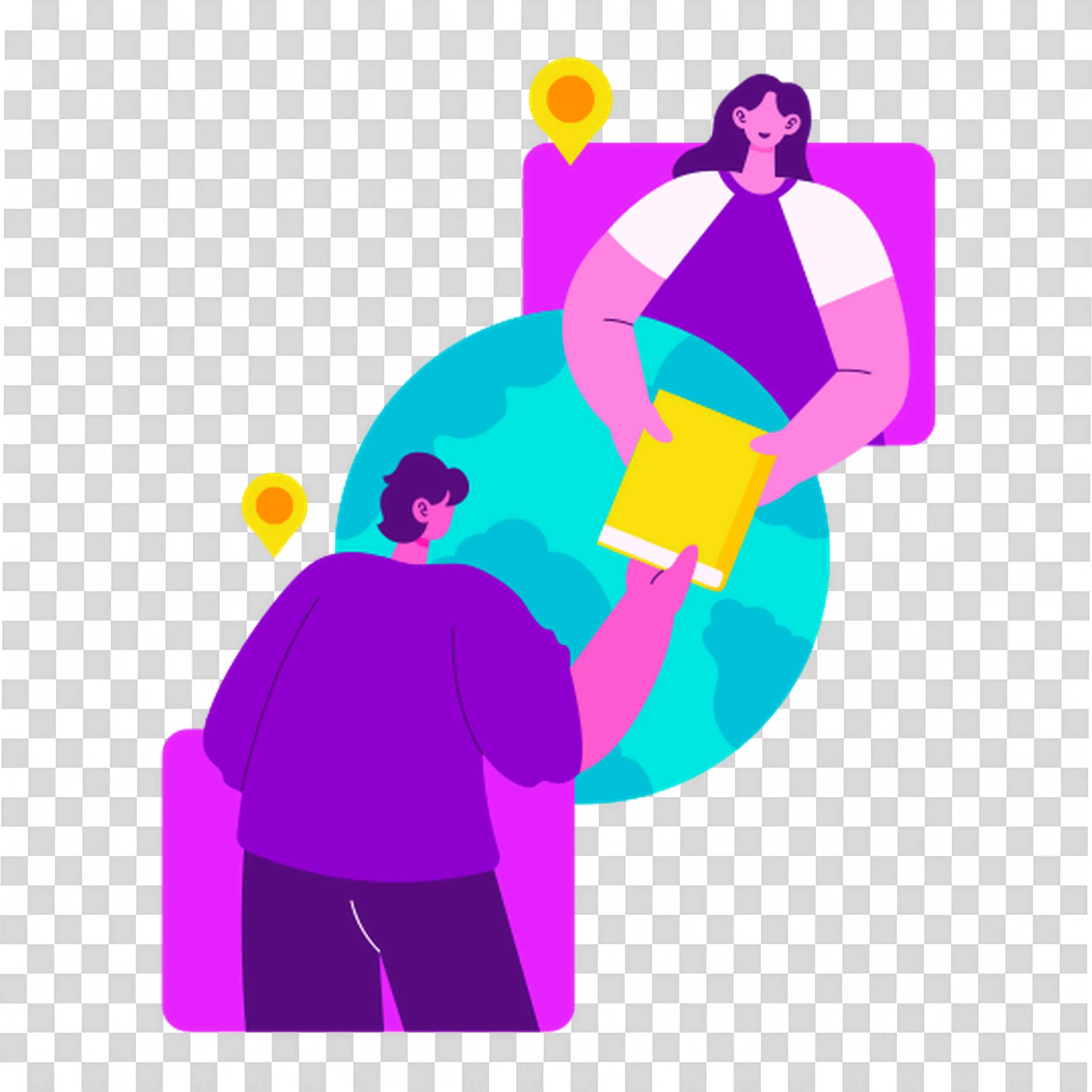 Global Book Exchange with People and Location Pins PNG Image