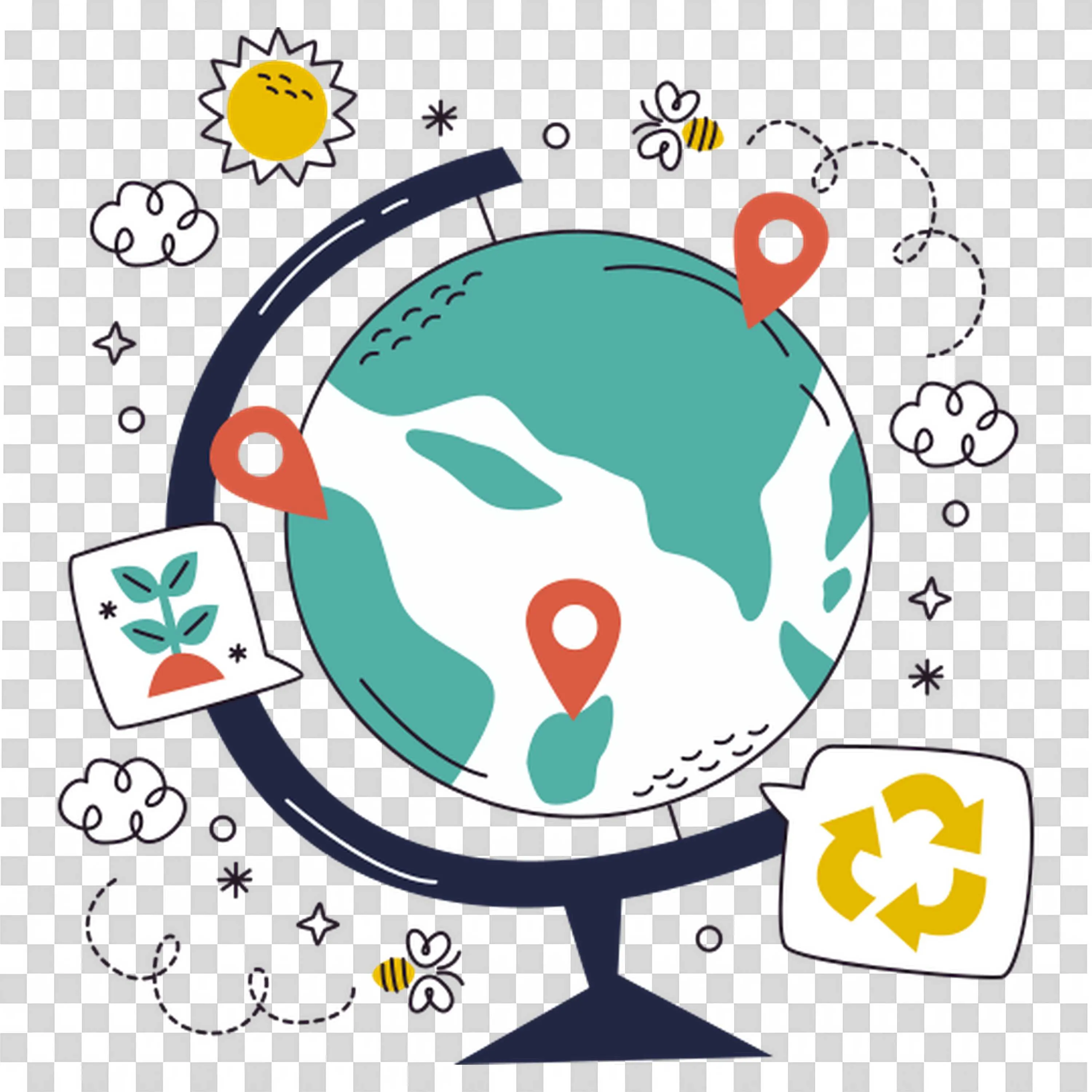 Globe with Location Pins and Environmental Icons Learning