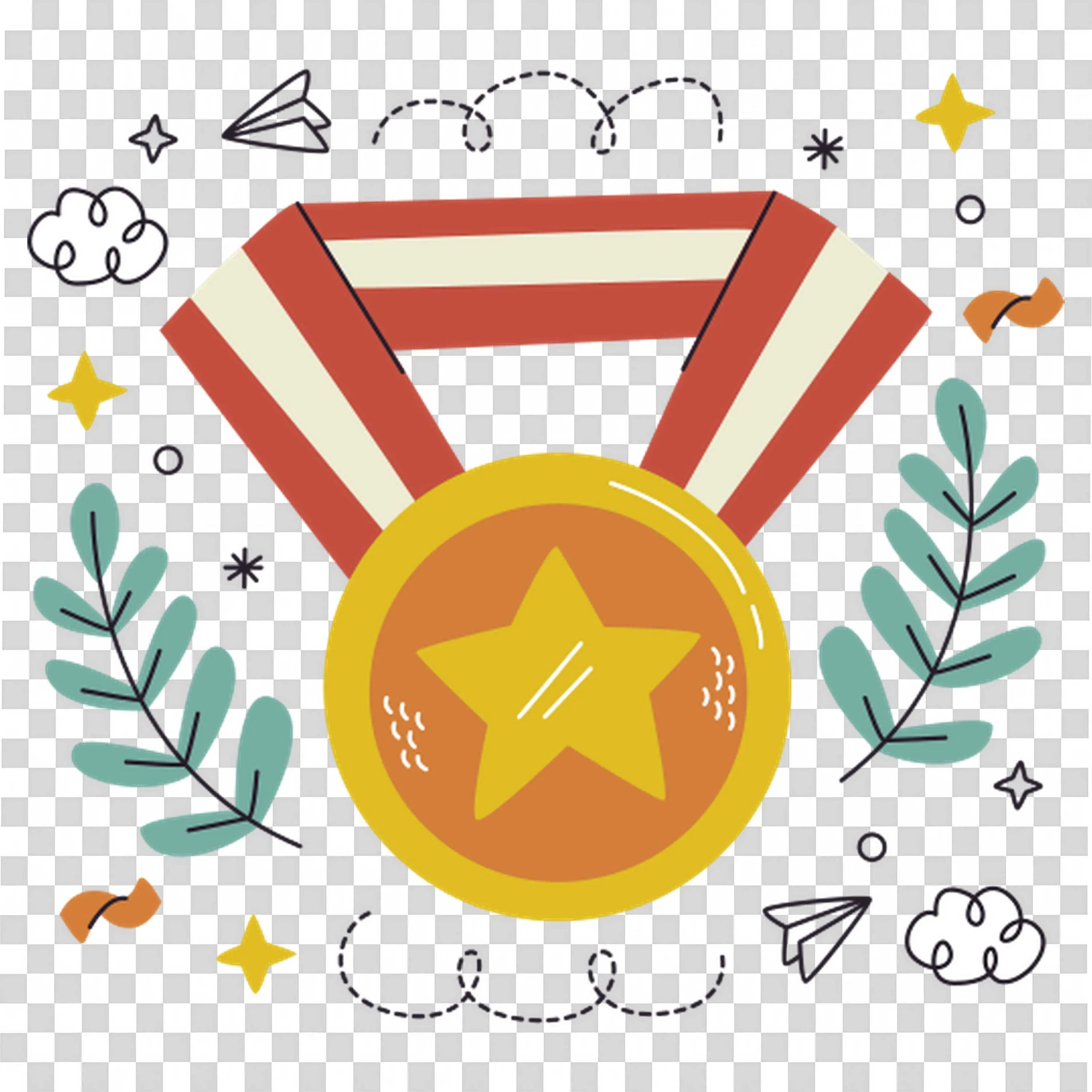 Gold Medal with Star and Leaves Award Celebration PNG Image