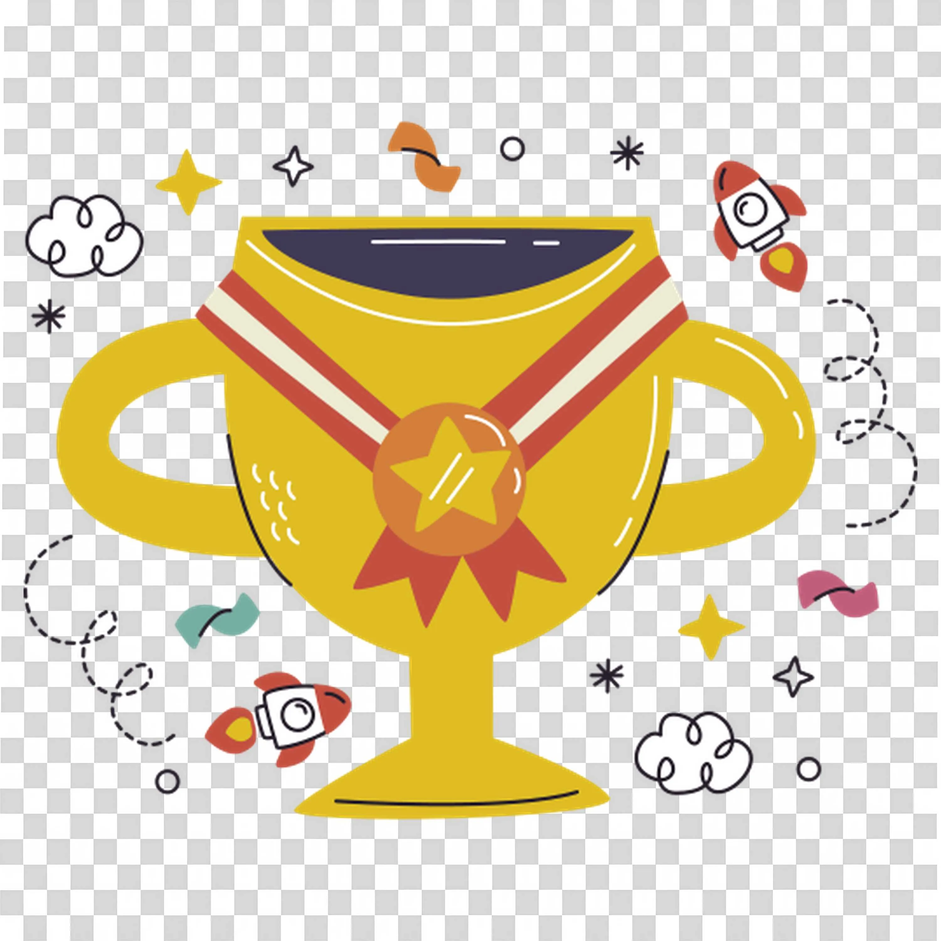 Gold Trophy Cup with Ribbon and Celebratory Icons PNG Image