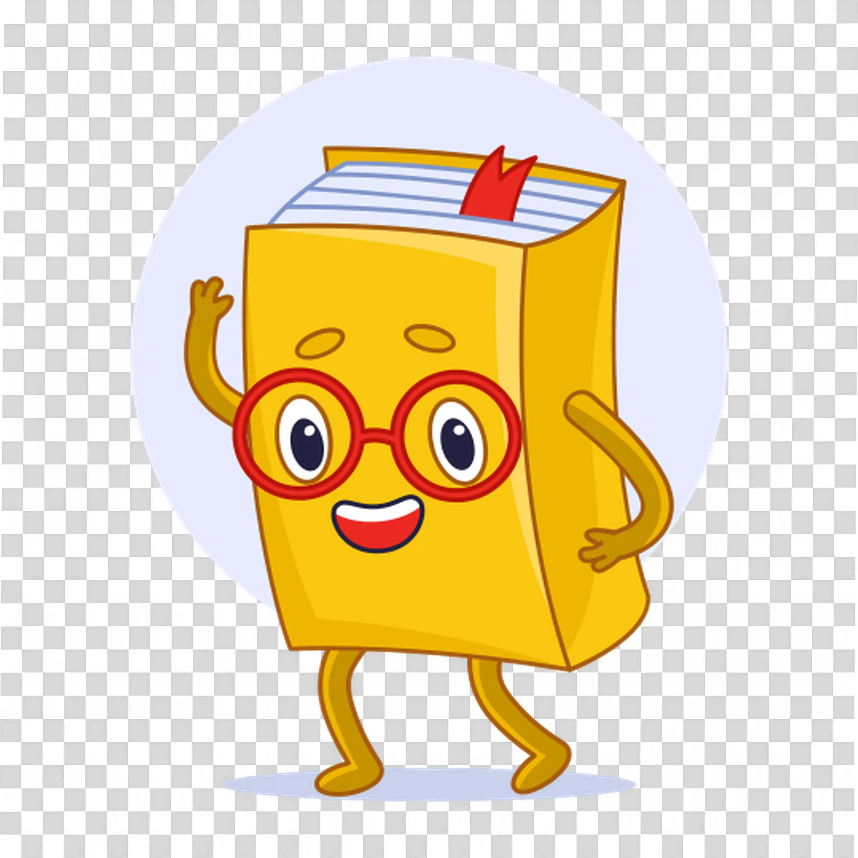 Golden Book with Red Glasses Waving Hands Against White Png