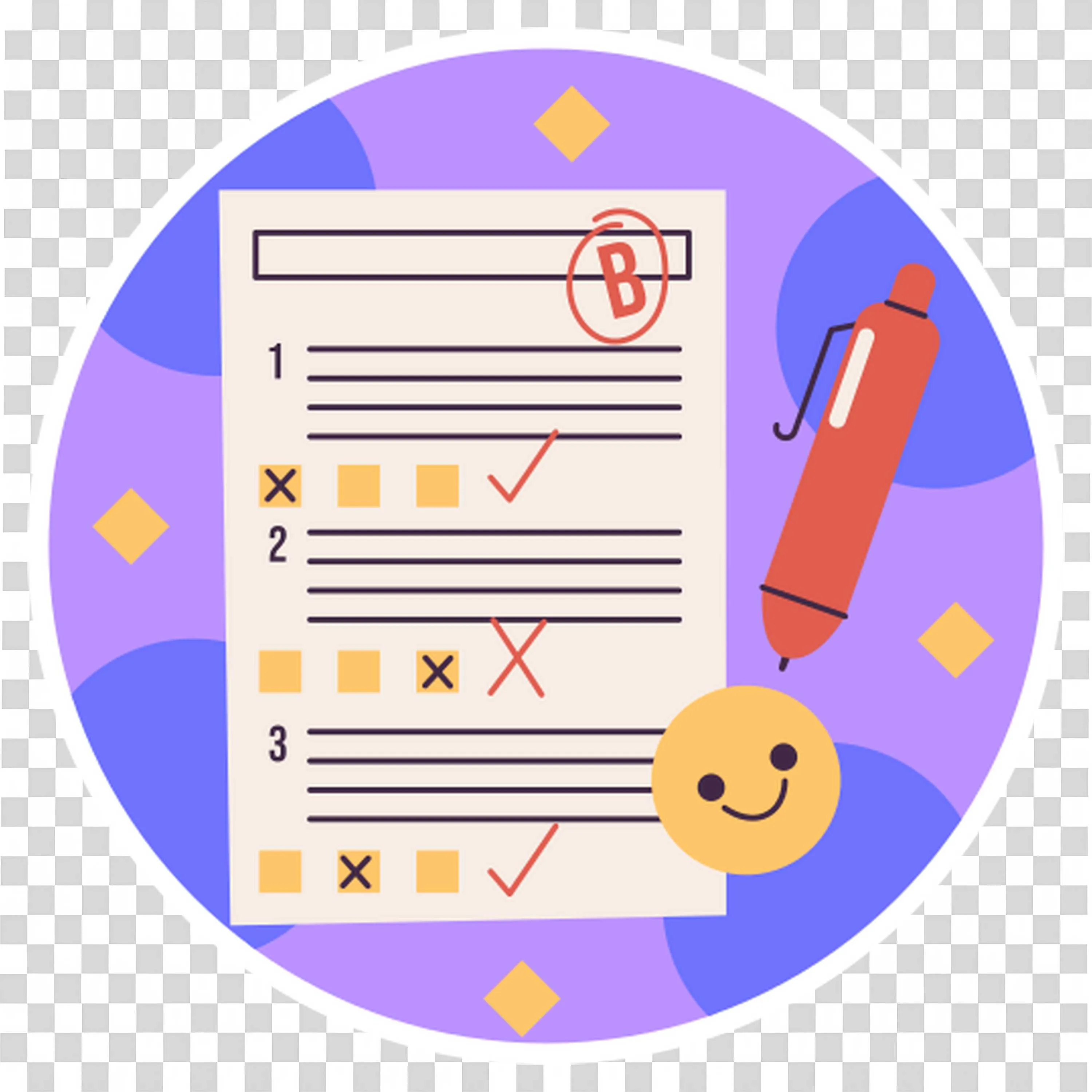 Graded Test Paper with Smiley Face and Red Pen Icon Png