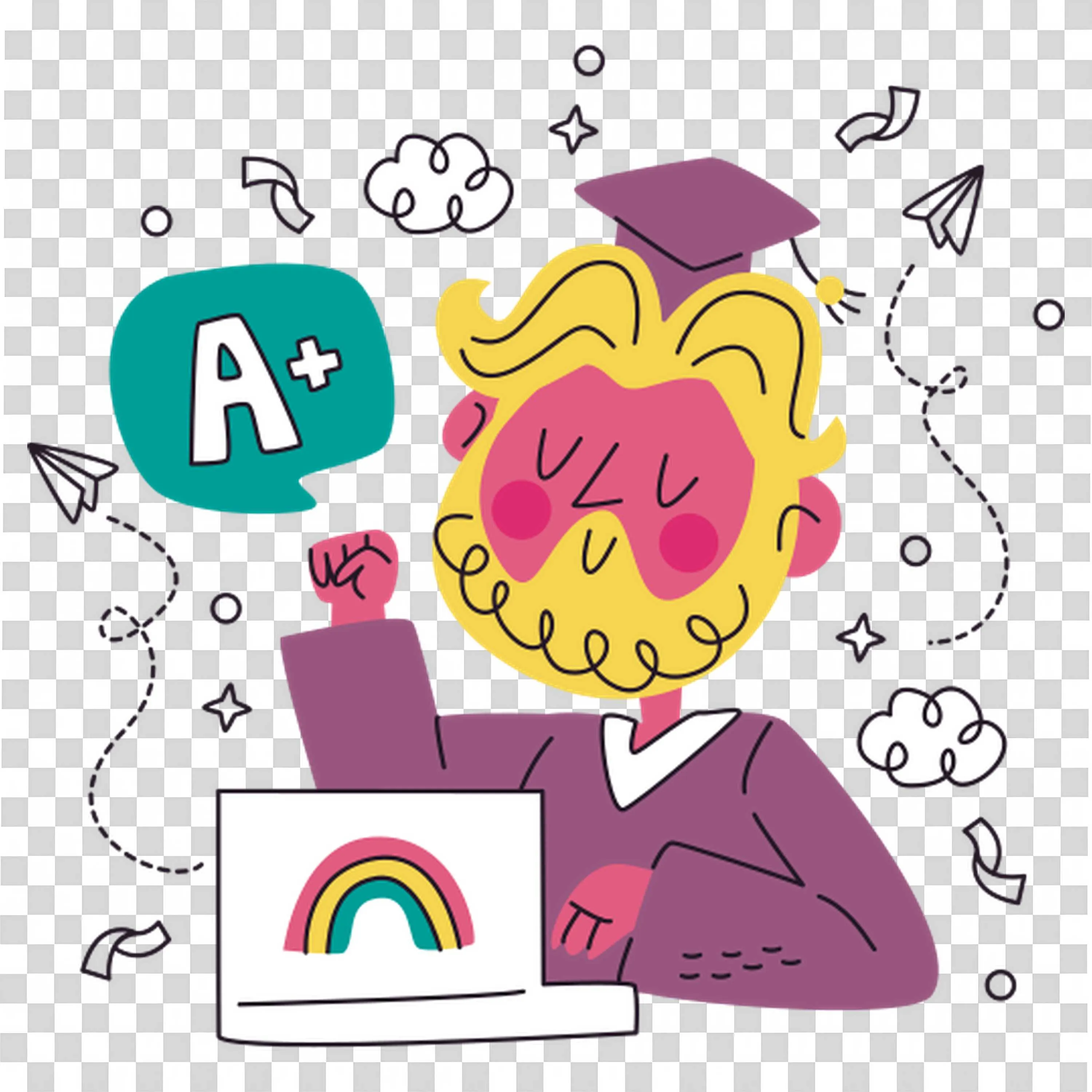 Graduate Celebrating a Plus Grade with a Laptop and a Cap