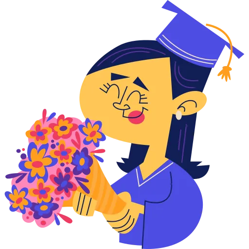 Graduate woman celebrates success with flowers and pride