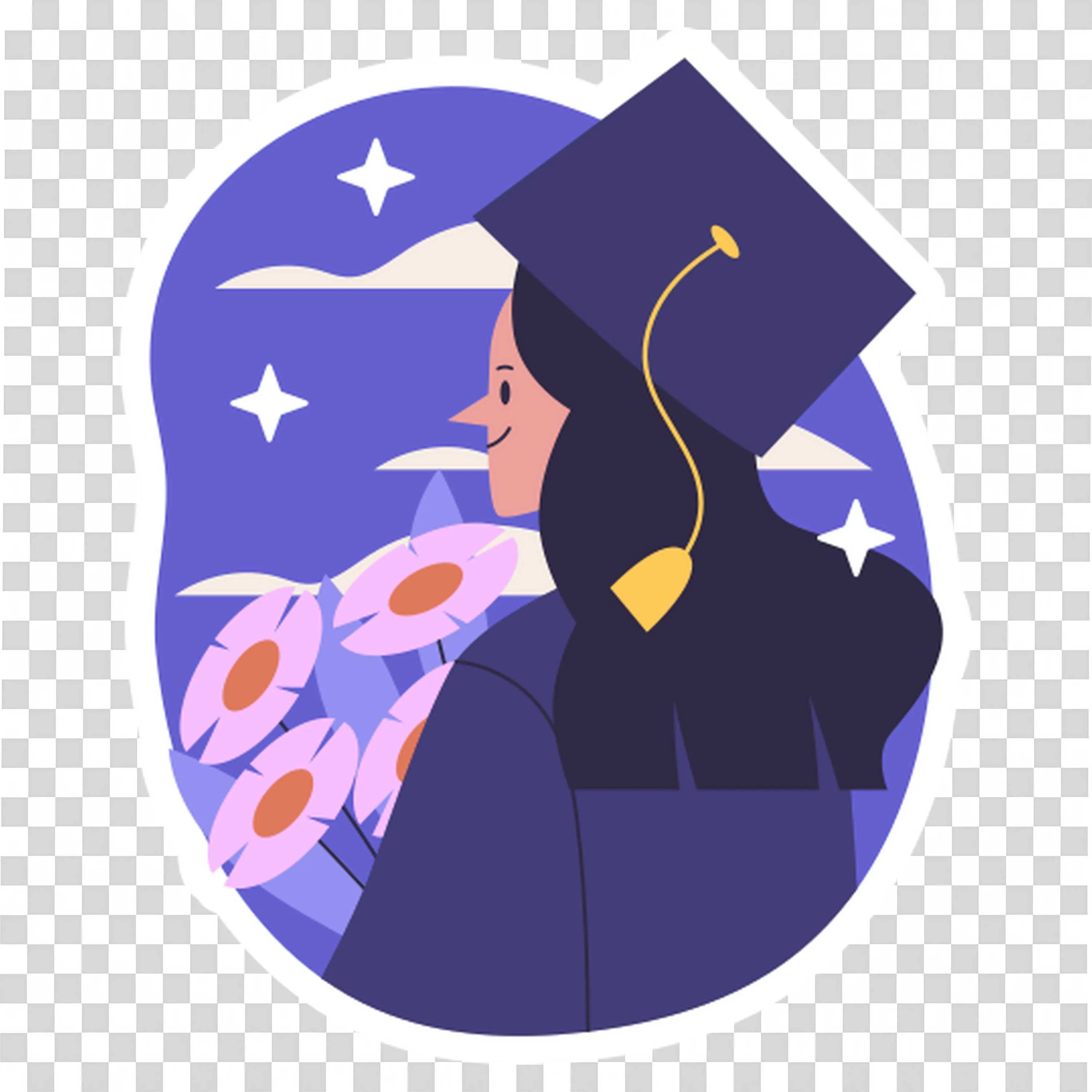 Graduate Woman with Flowers and Night Sky Illustration Png