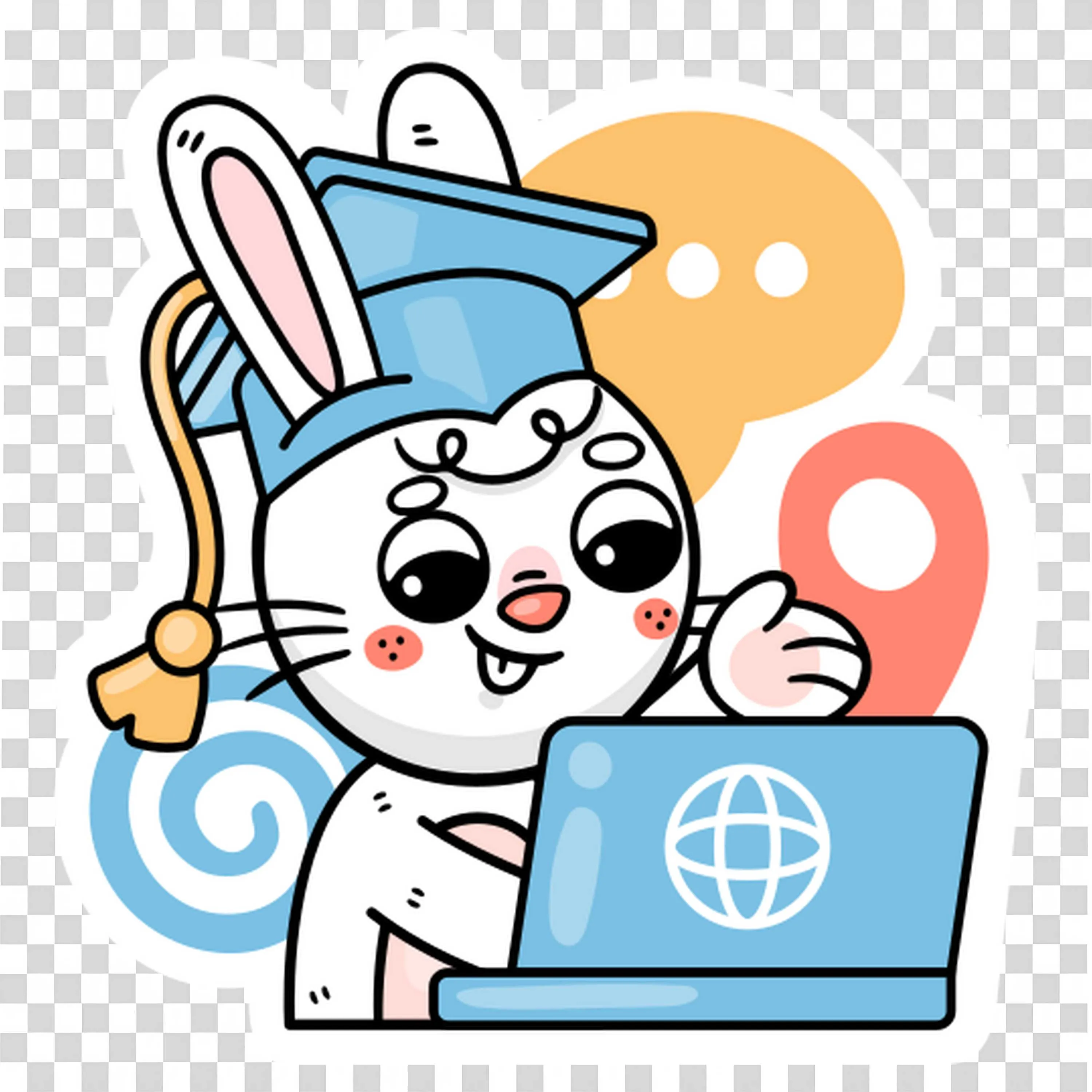 Graduated Bunny Using a Laptop with a Global Internet Symbol