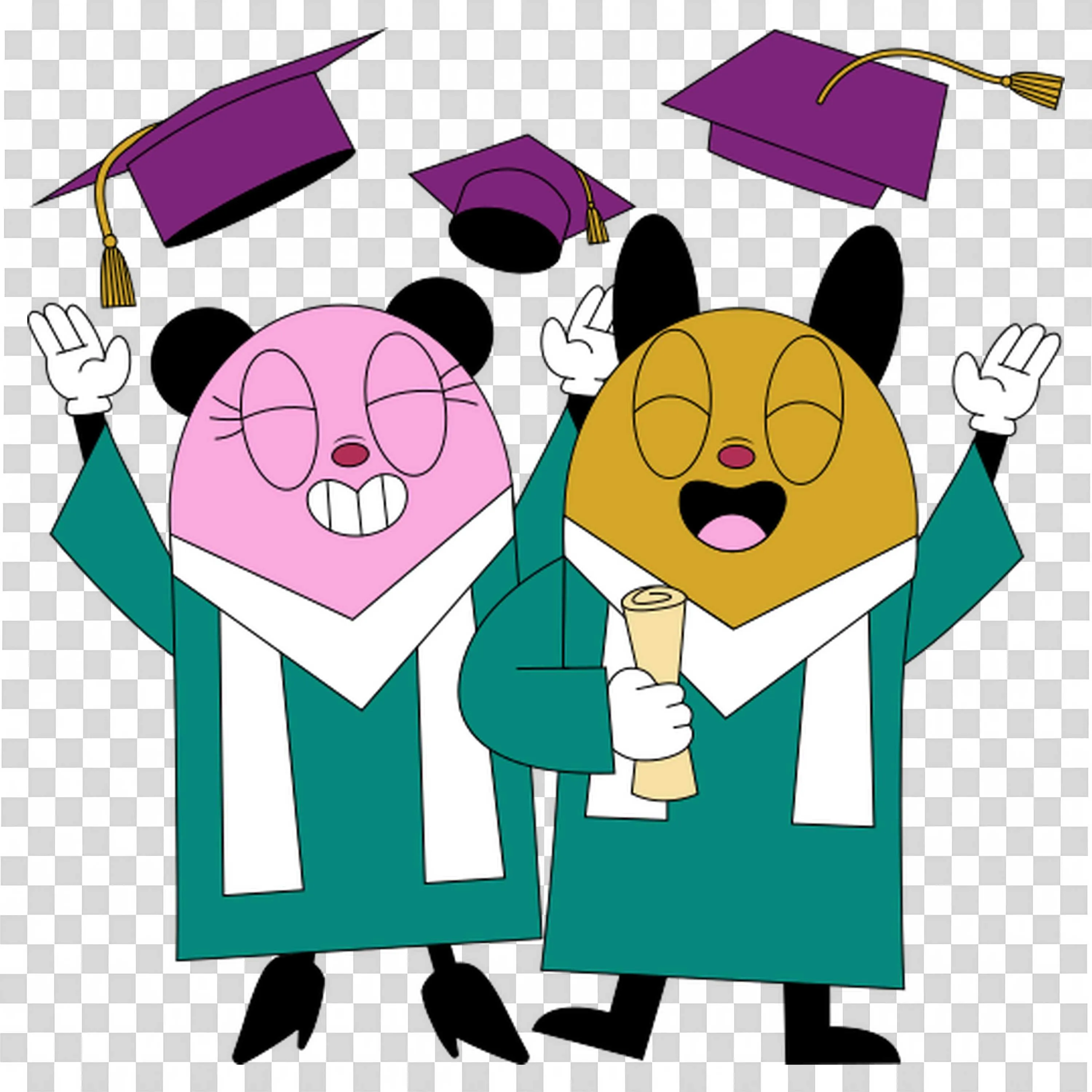 Graduated Cartoon Characters Throwing Caps in Celebration