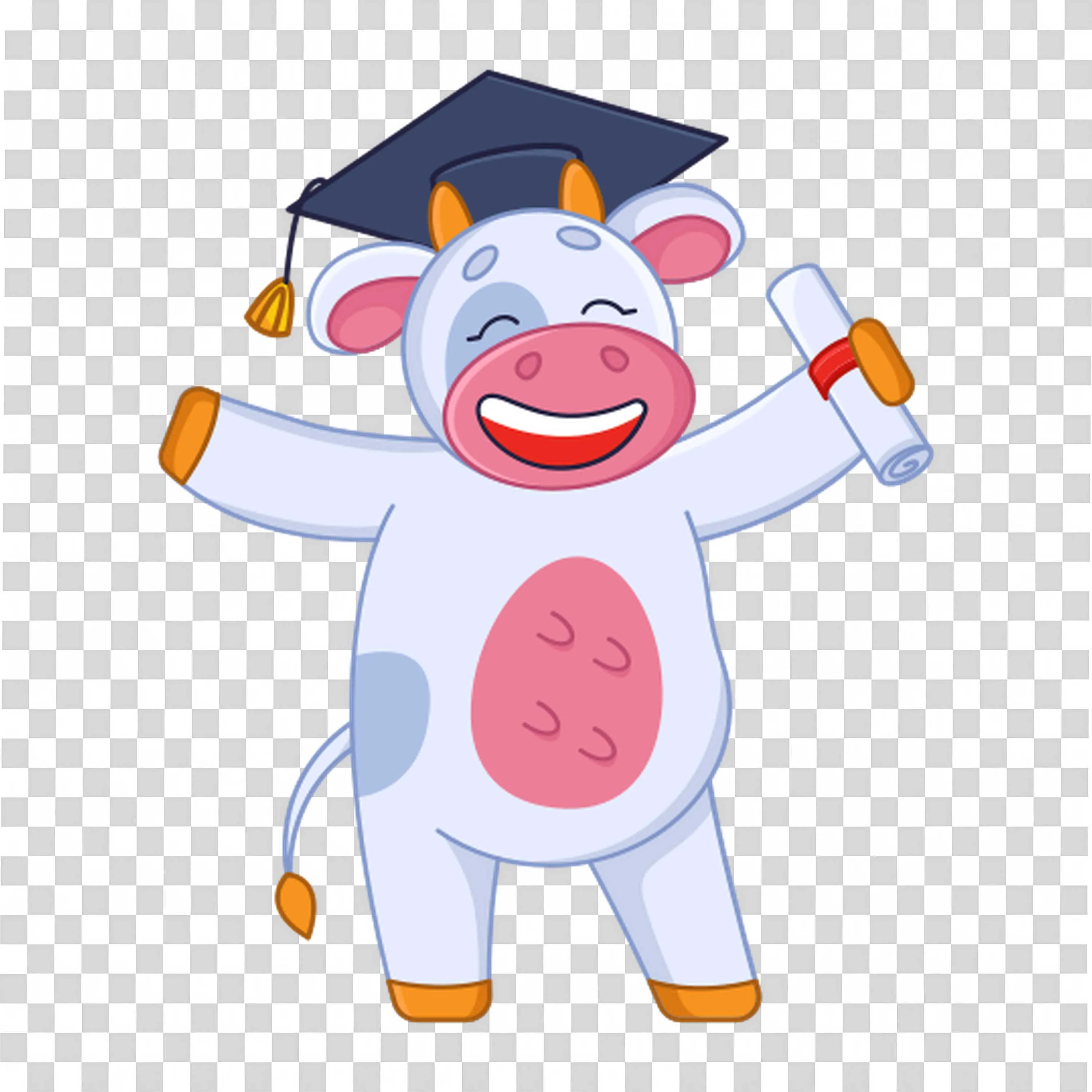 Graduated Cow with Pink Spots Holding a Diploma and Cap