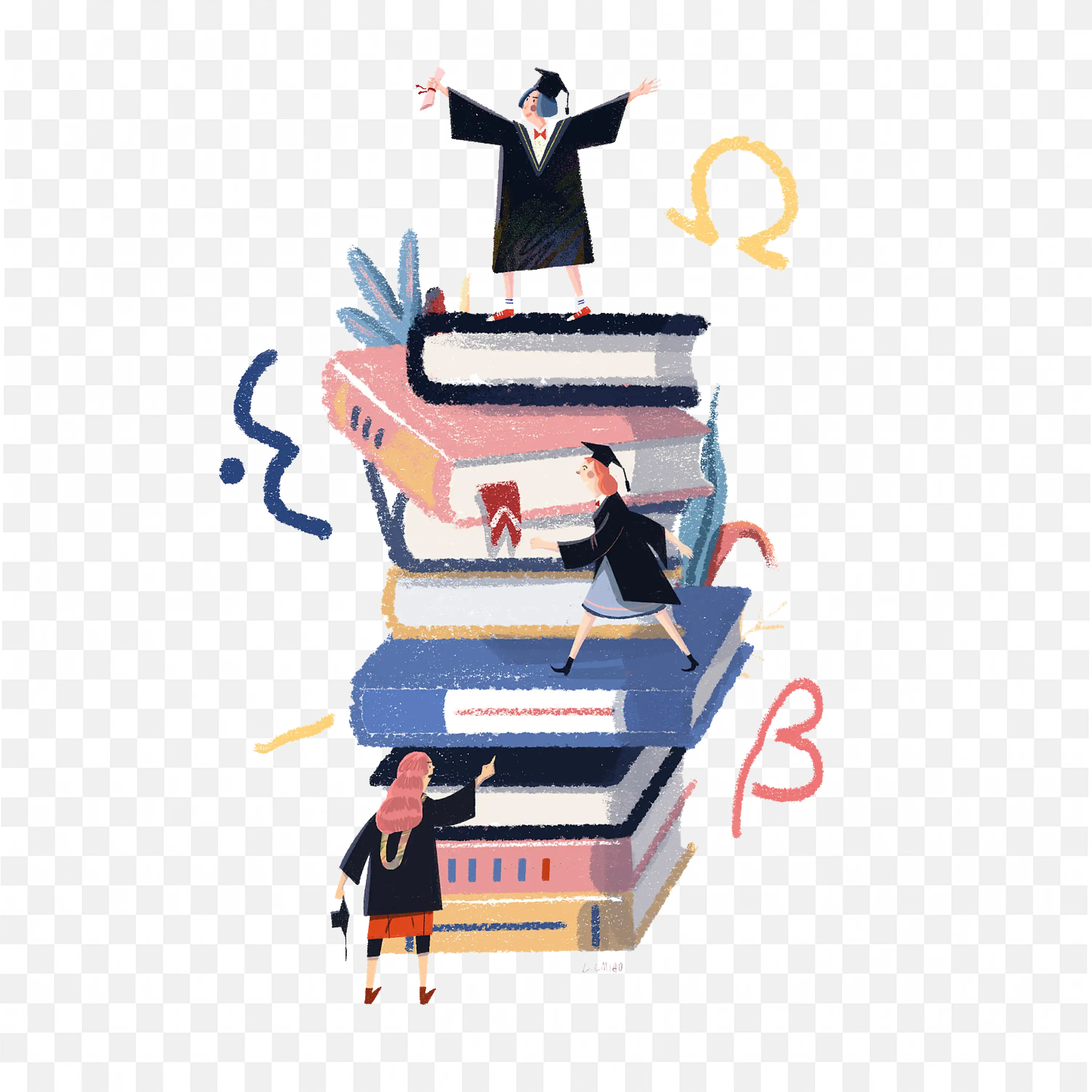 Graduates Climbing the Books and Celebrating Success Free PNG