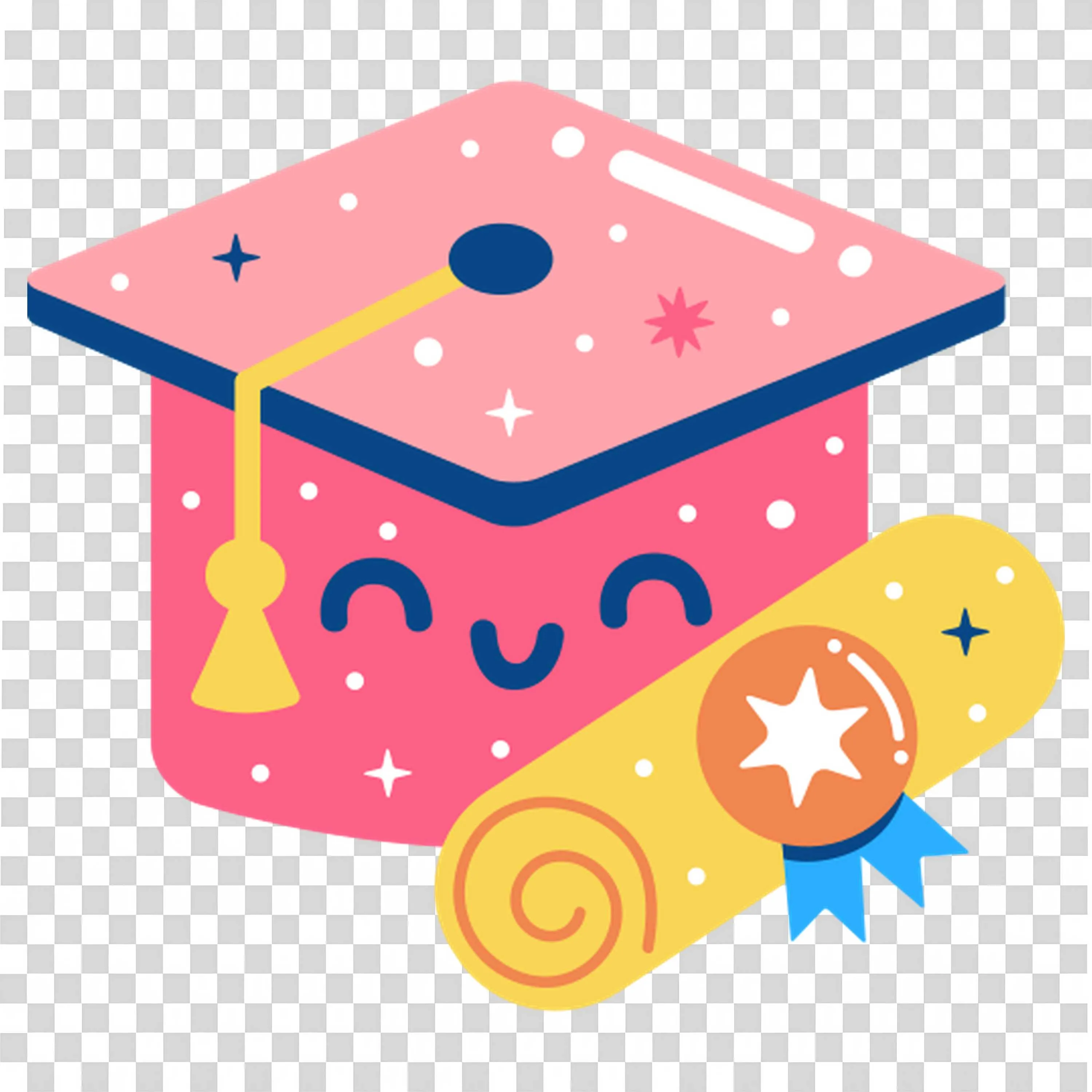 Graduation Cap and Diploma with a Cheerful Happy Face Png