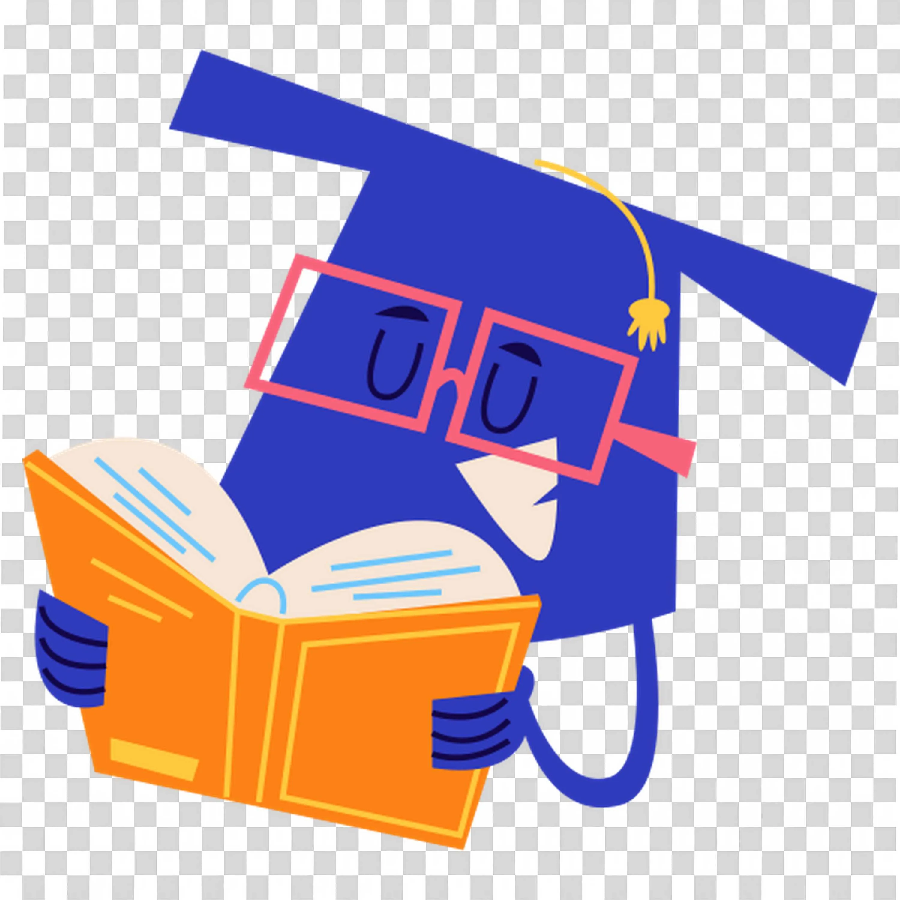 Graduation Cap with Glasses Reading a Orange Cover Book