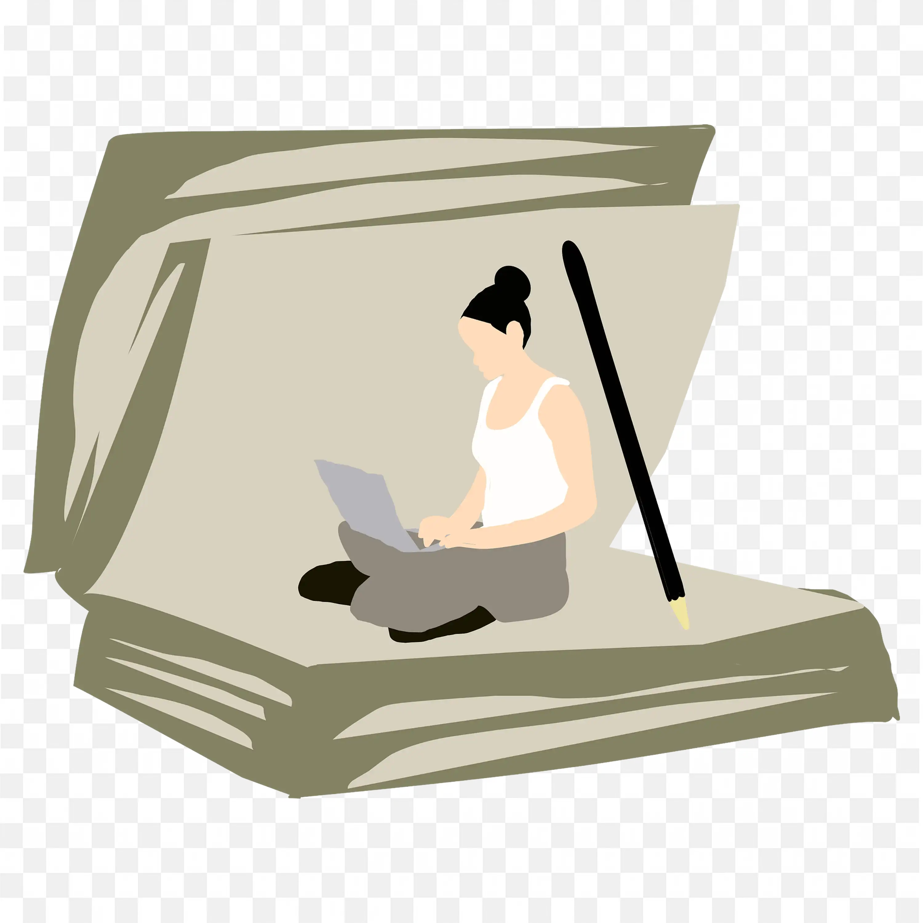 Graphic of Woman Sitting Between the Pages of the Book PNG