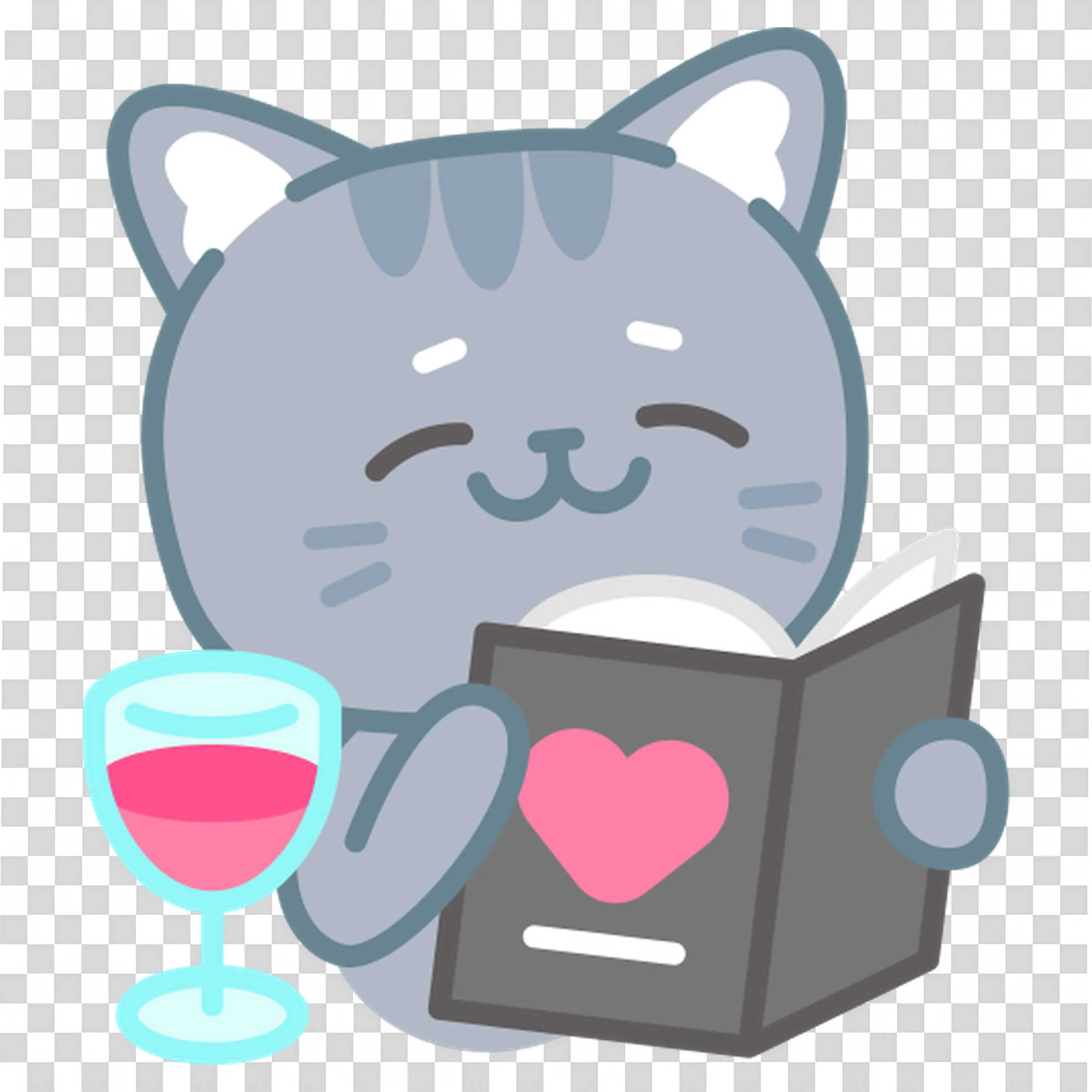 Gray Cat Enjoying a Drink While Reading a Heart Book Png