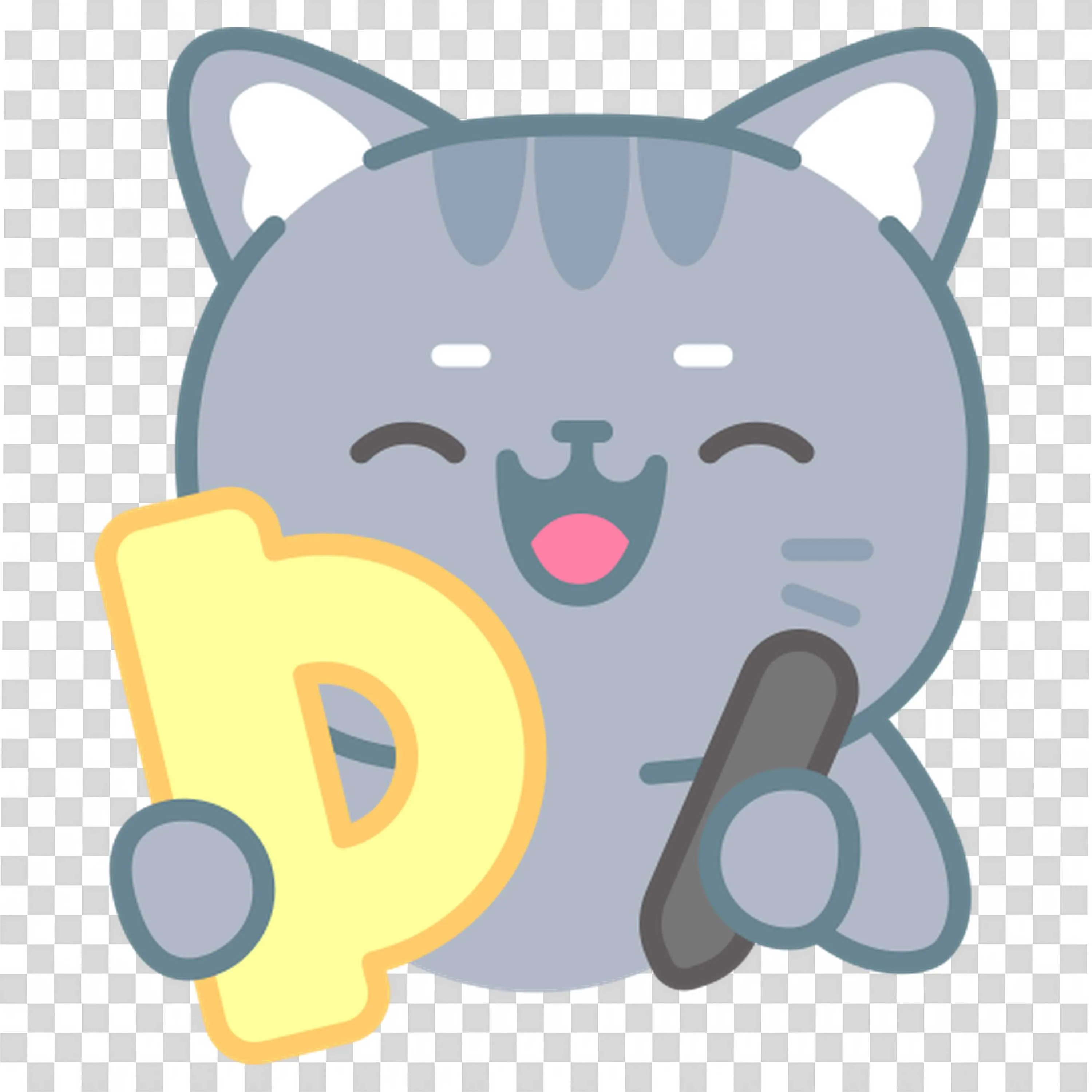 Gray Cat Holding a Yellow Protactor and a Crayon PNG Image