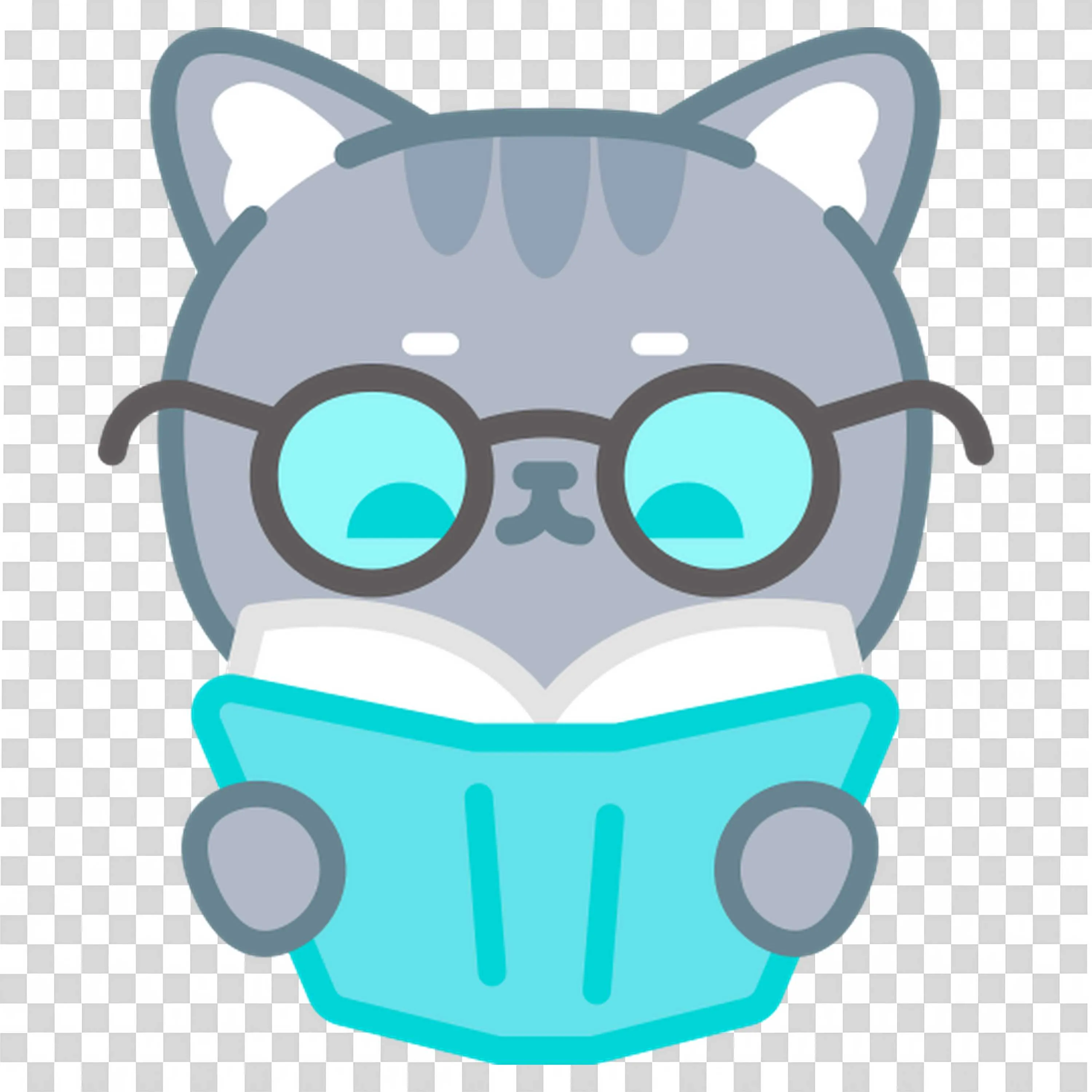 Gray Cat with Glasses Reading a Light Blue Cover Book Png
