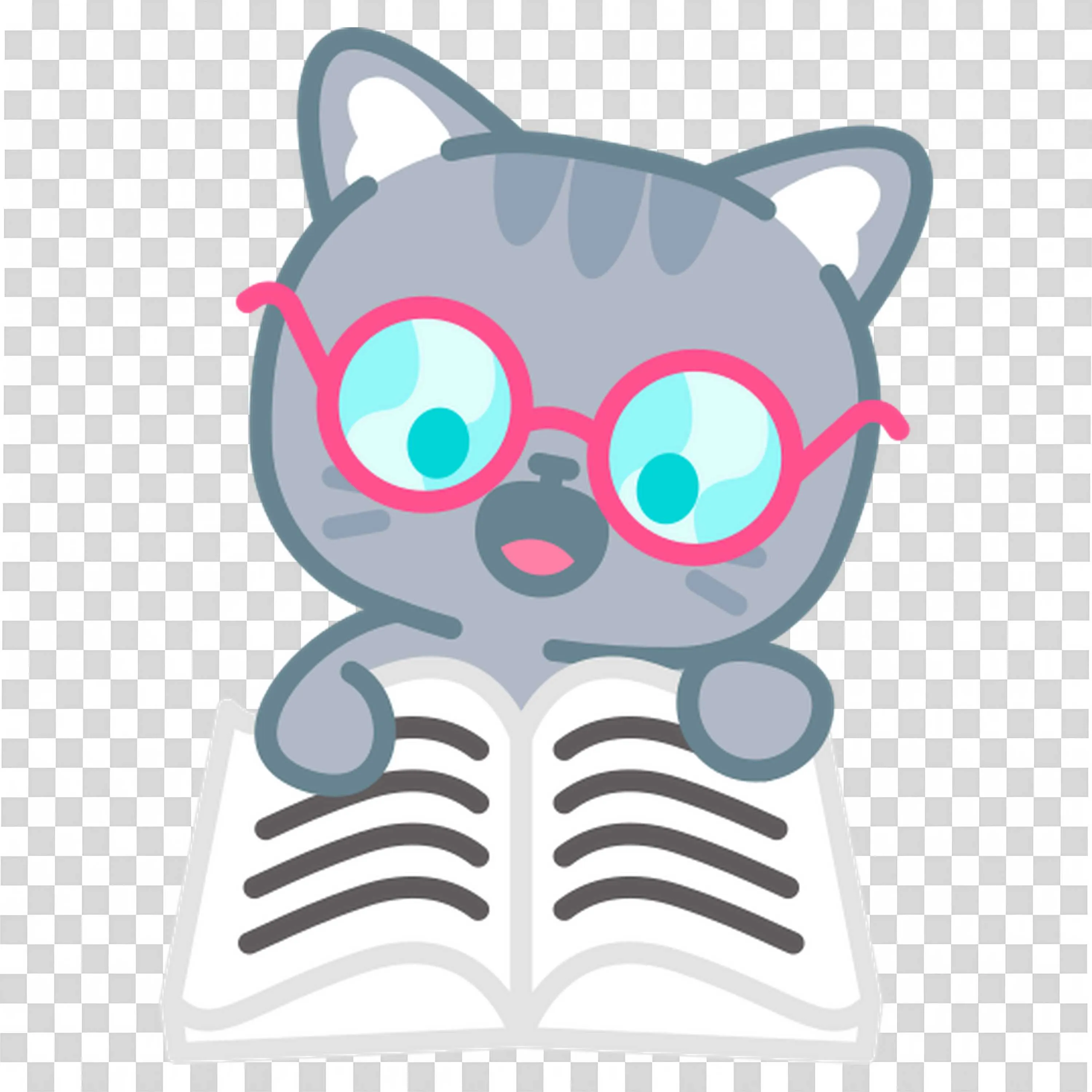 Gray Cat with Glasses Reading An Open Book Cartoon PNG Image