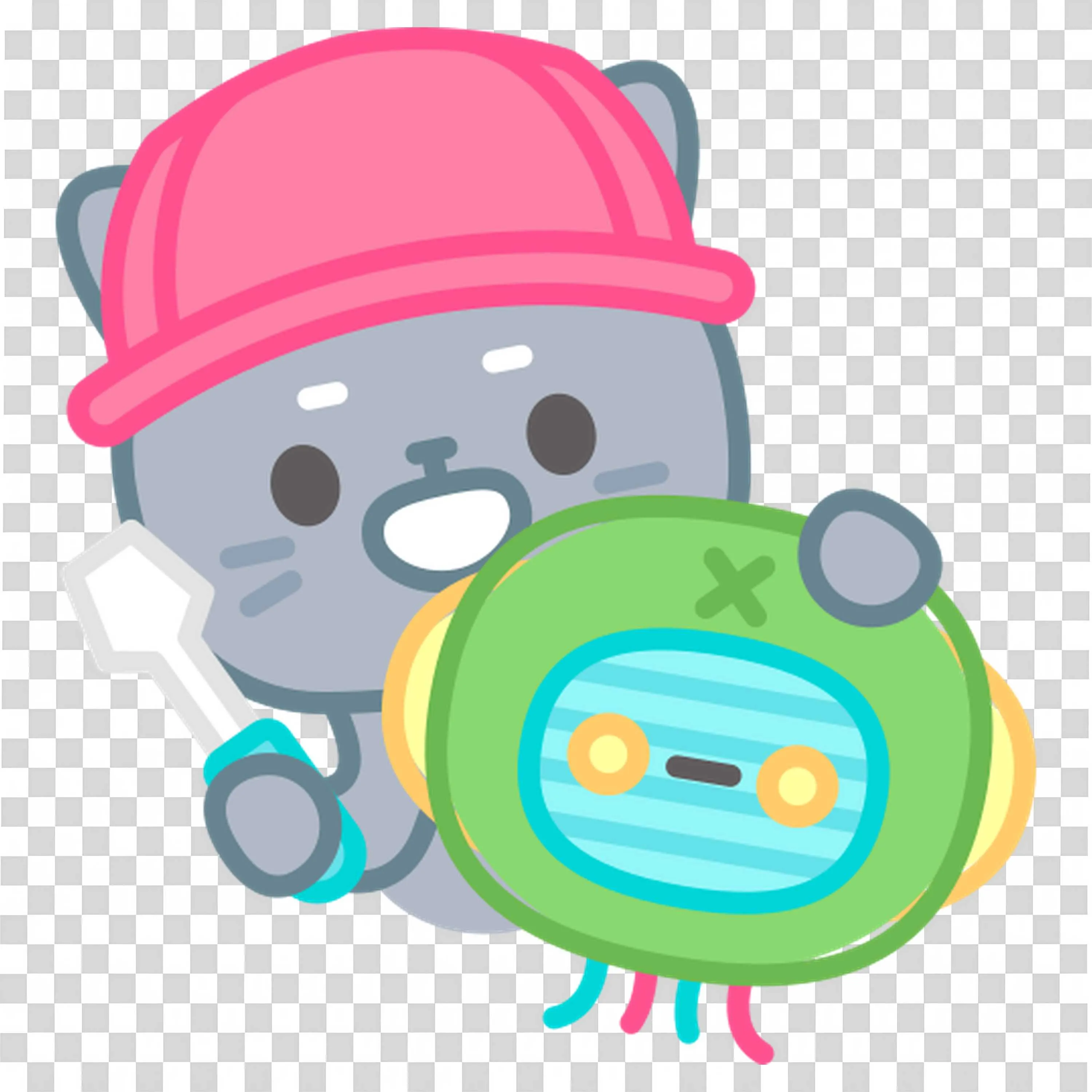 Gray Cat with Pink Cap Fixing a Green Robot Head PNG Image