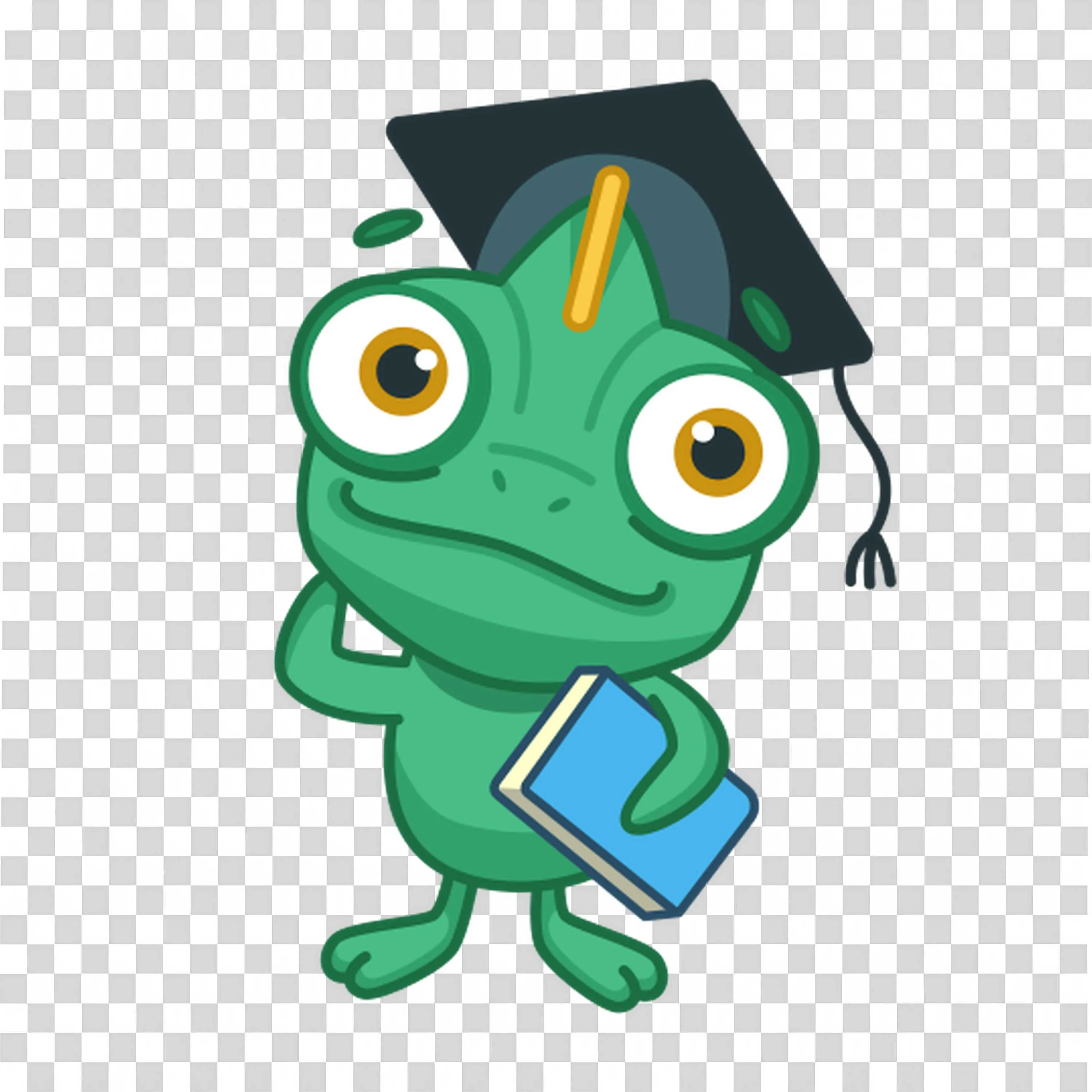 Green Chameleon with Graduation Cap Holding Blue Book Png