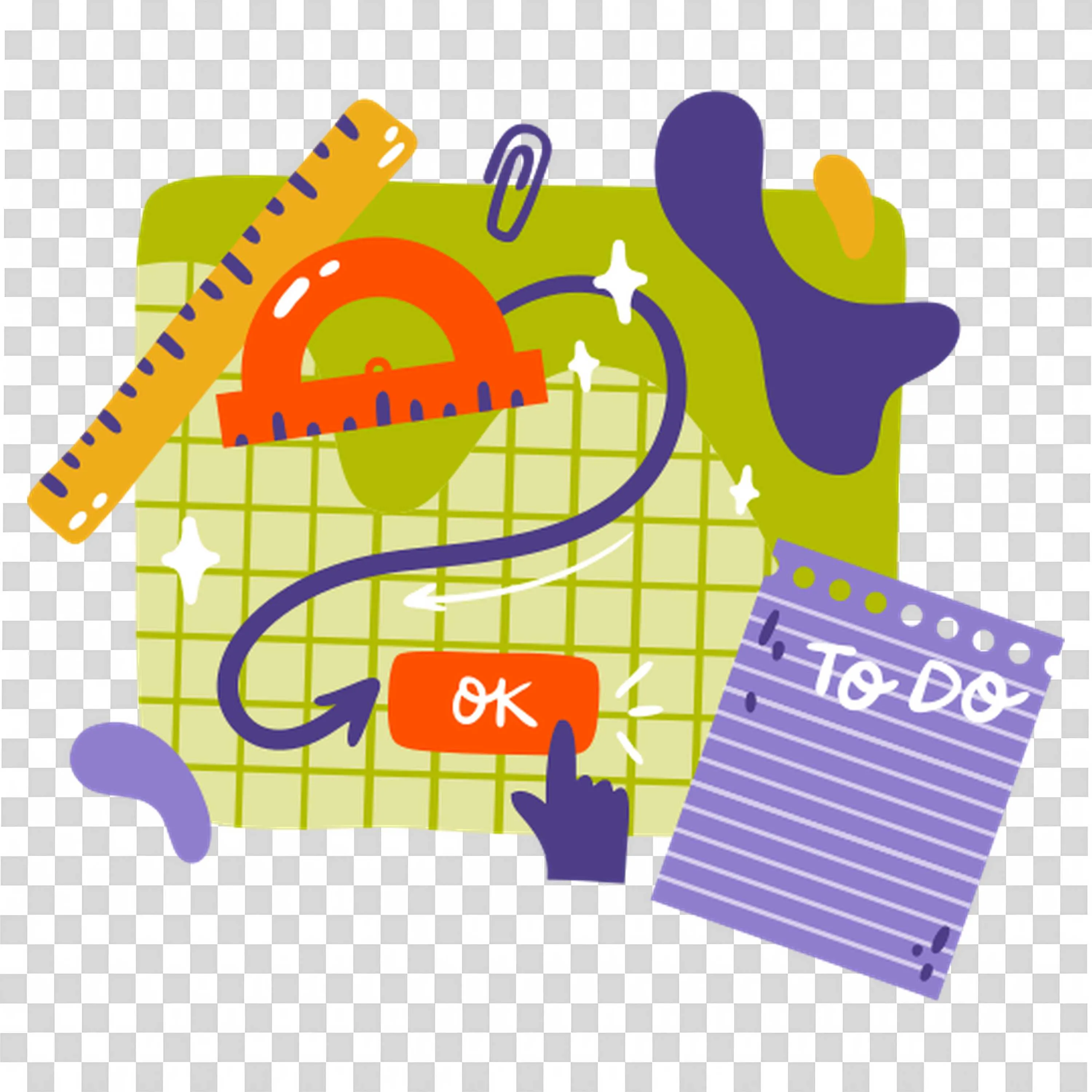 Grid Background with Ok Button and School Supplies PNG Image