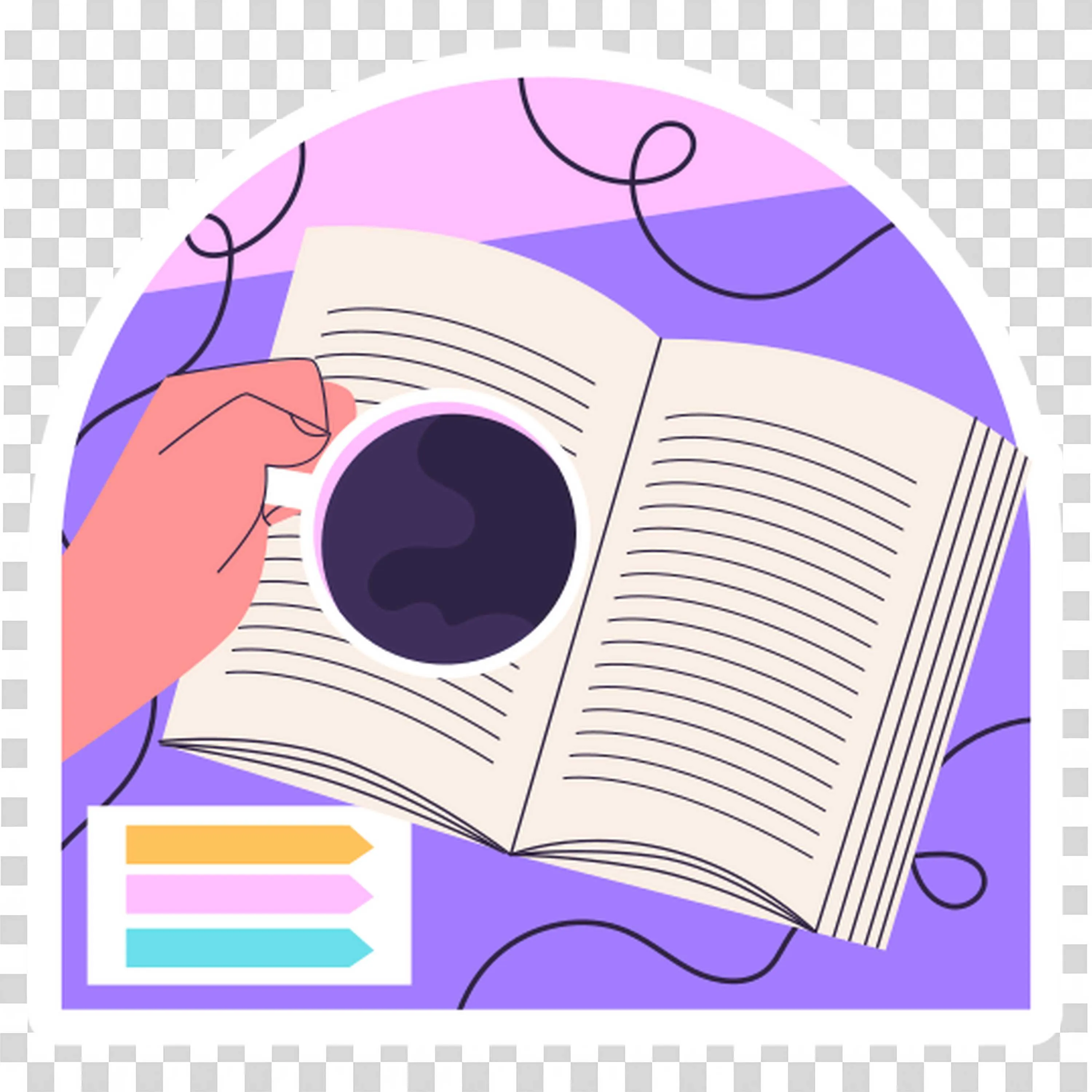 Hand Holding Coffee Cup Over Open Book and Colourful Notes